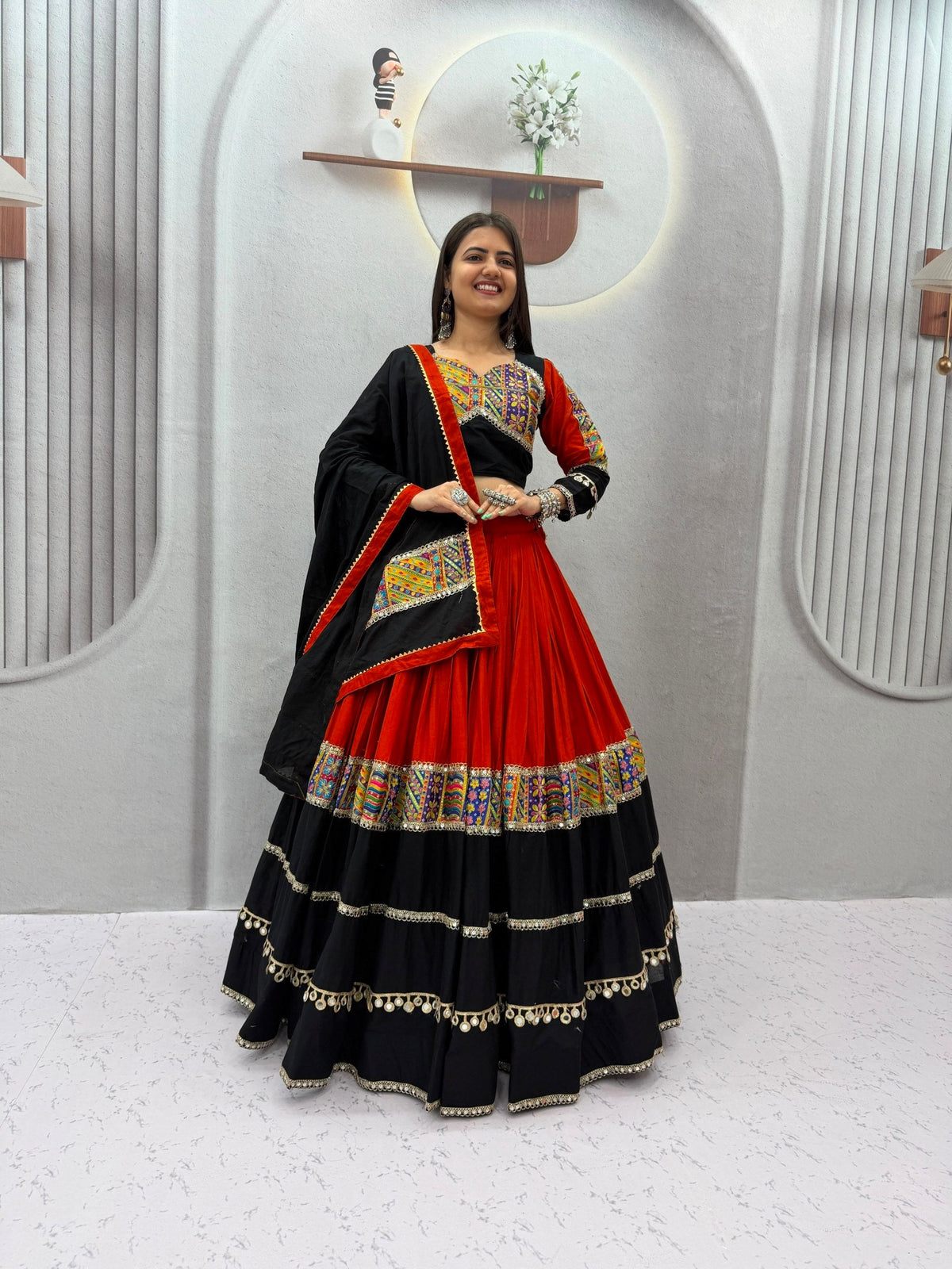 Black and Red Pure Cotton Navratri Lehenga Choli with Mirror Work
