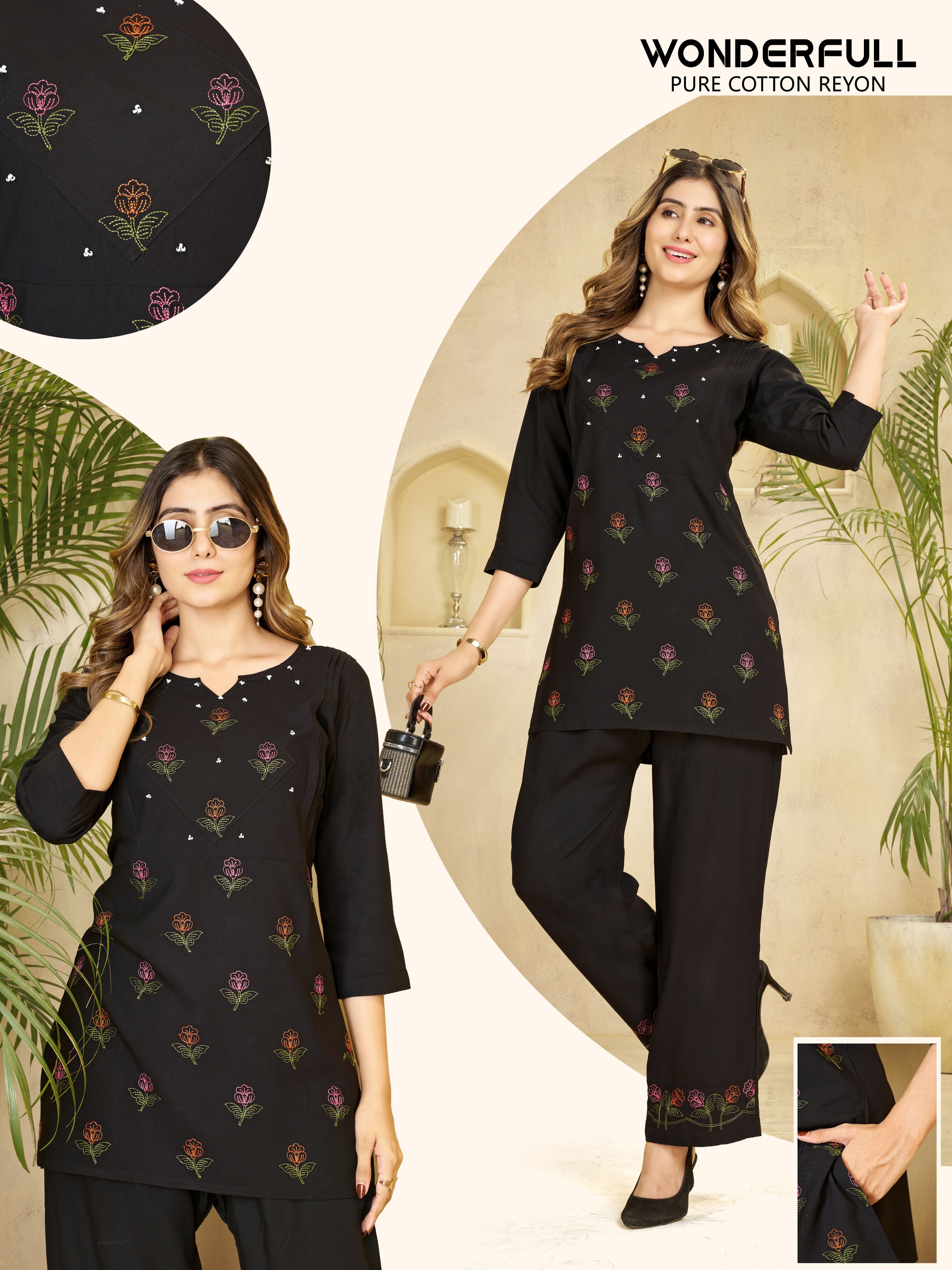 Black Heavy Rayon Floral Embroidered Co-Ord Set