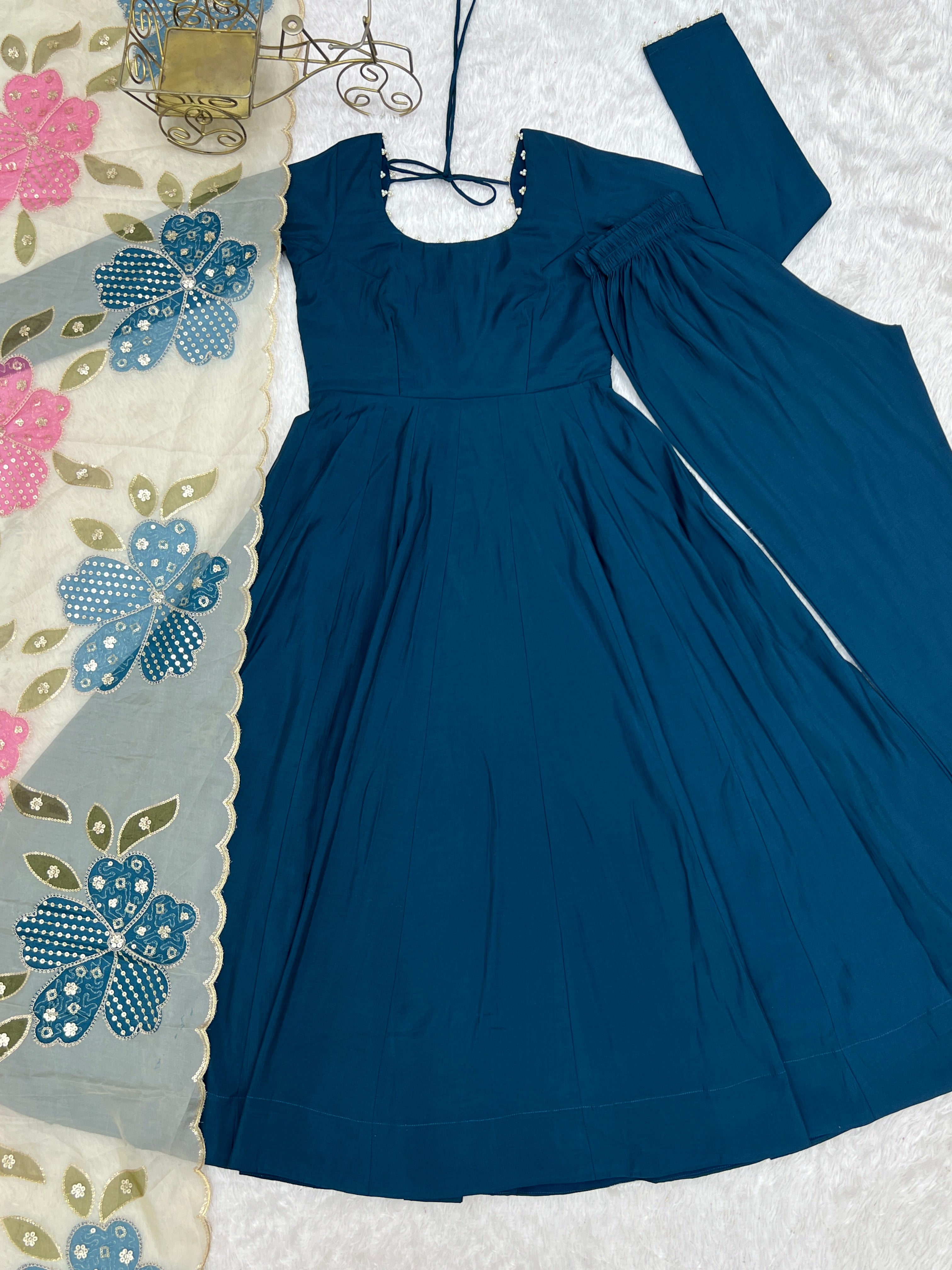 Teal Blue Pure Roman Silk 16 Kali Anarkali Gown with Printed Dupatta & Pant