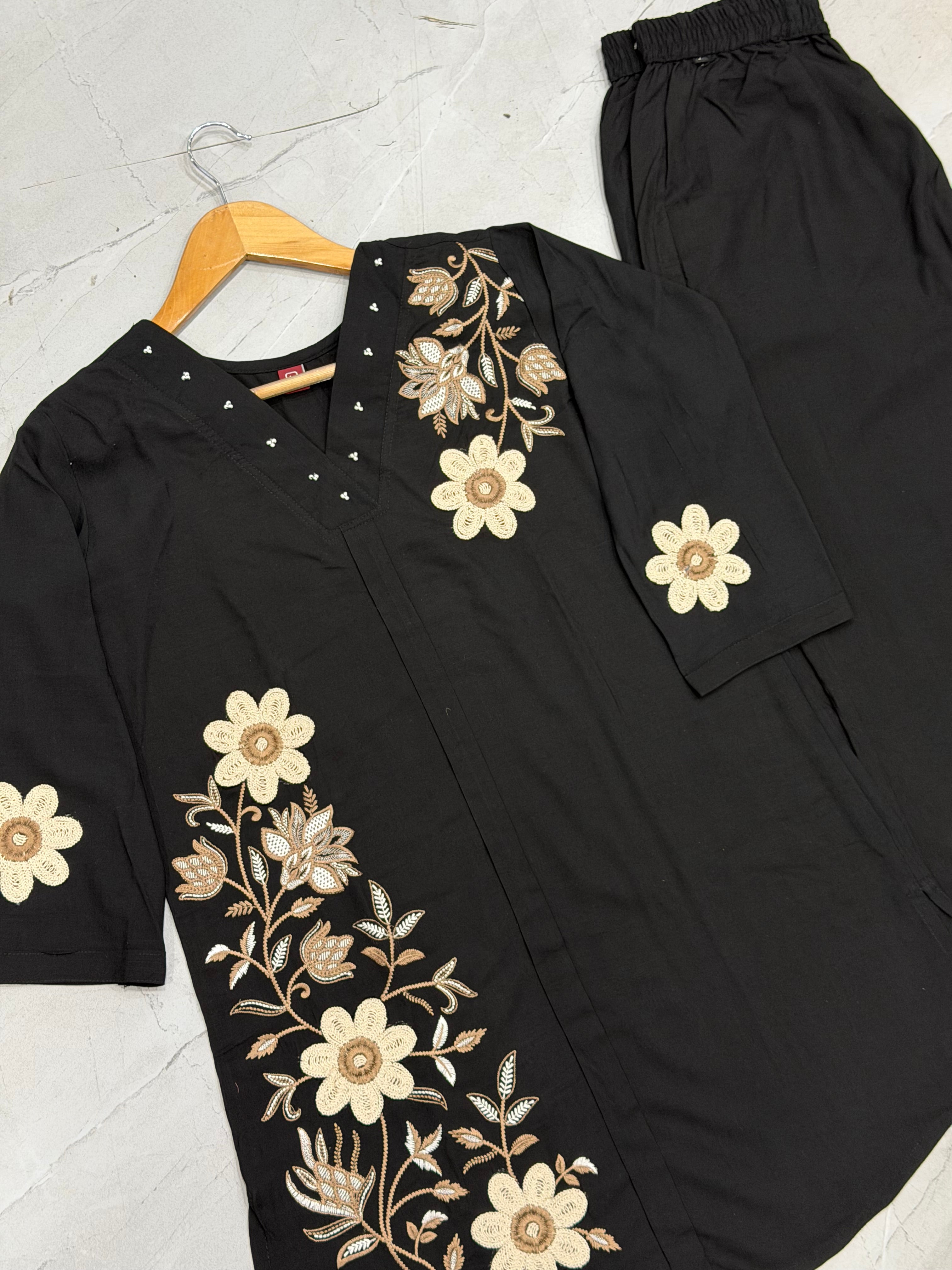 Black Floral Embroidered Heavy Rayon Co-Ord Set for Women