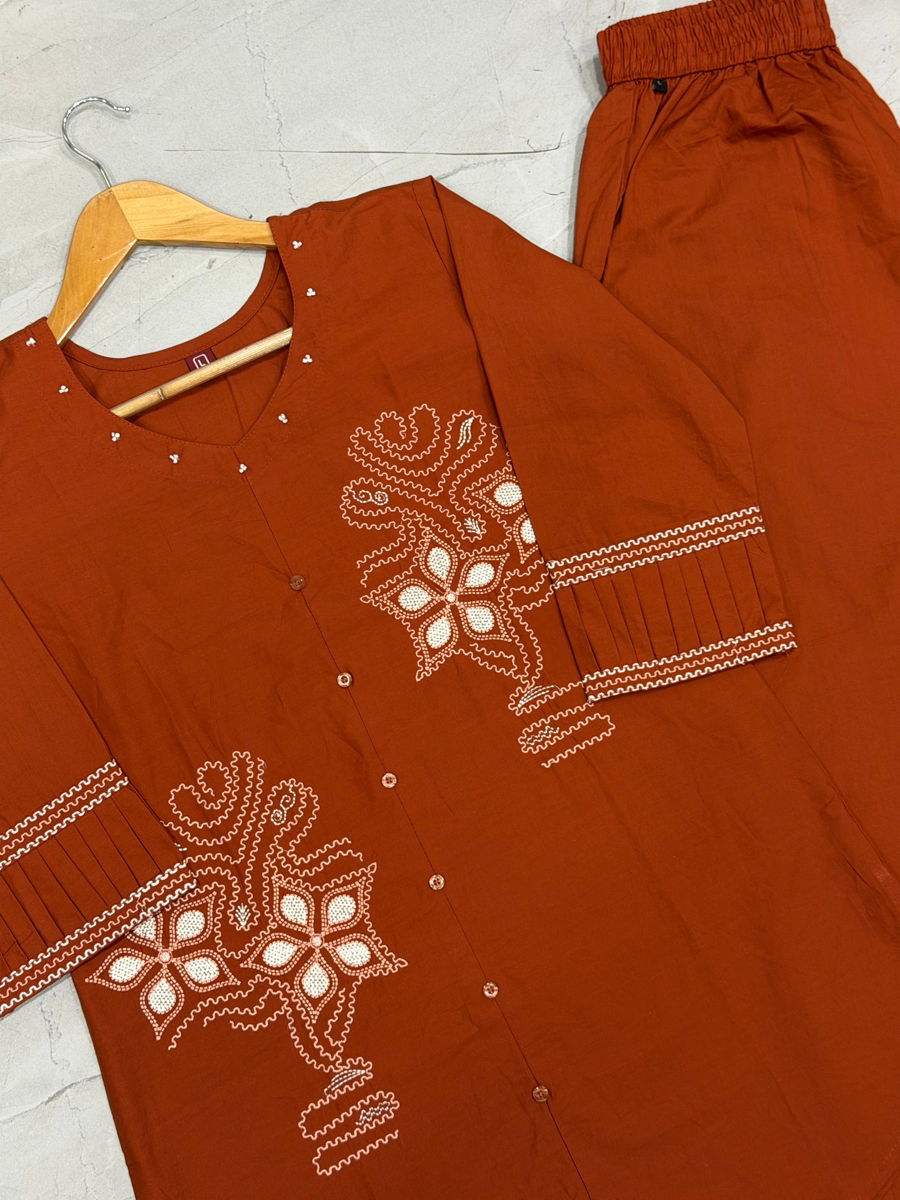 Rust Orange Pure Cotton Embroidered Co-Ord Set with Straight Pant