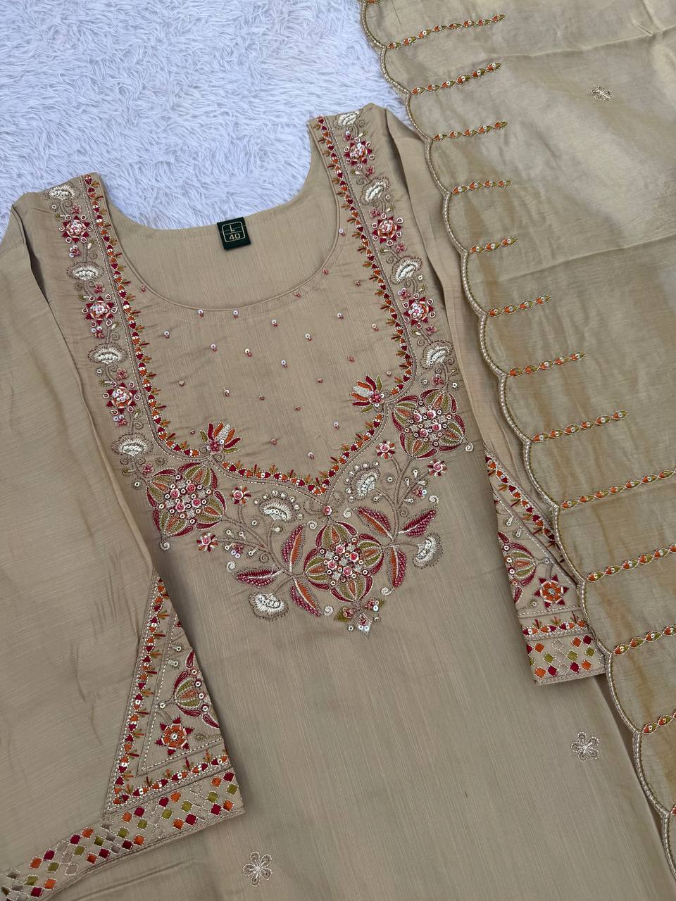 Beige Marina Silk Embroidered Kurti Pant Set with Maslin Dupatta