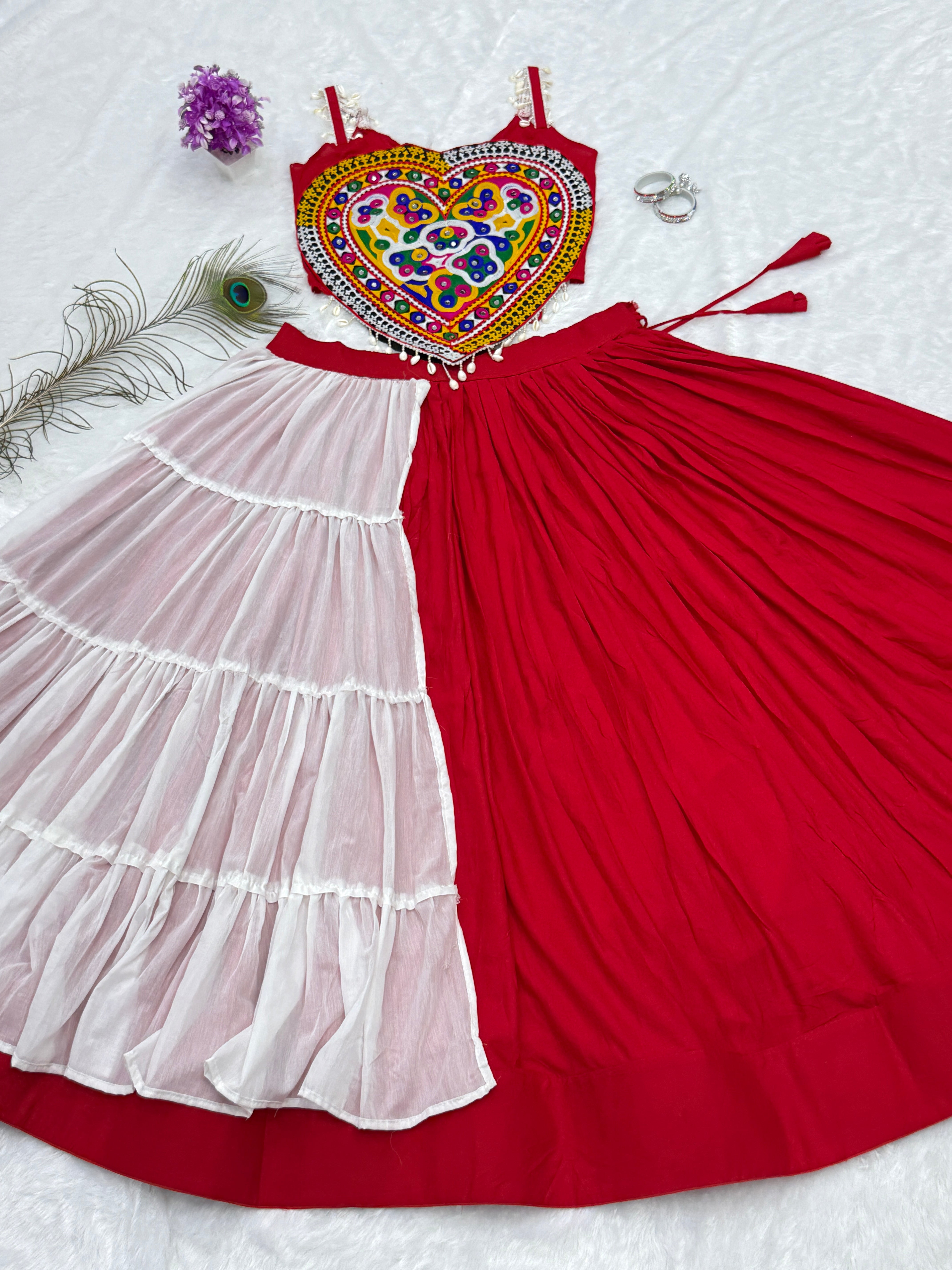 Red & White Gamthi Mirror Work Cotton Lehenga Choli Set for Navratri