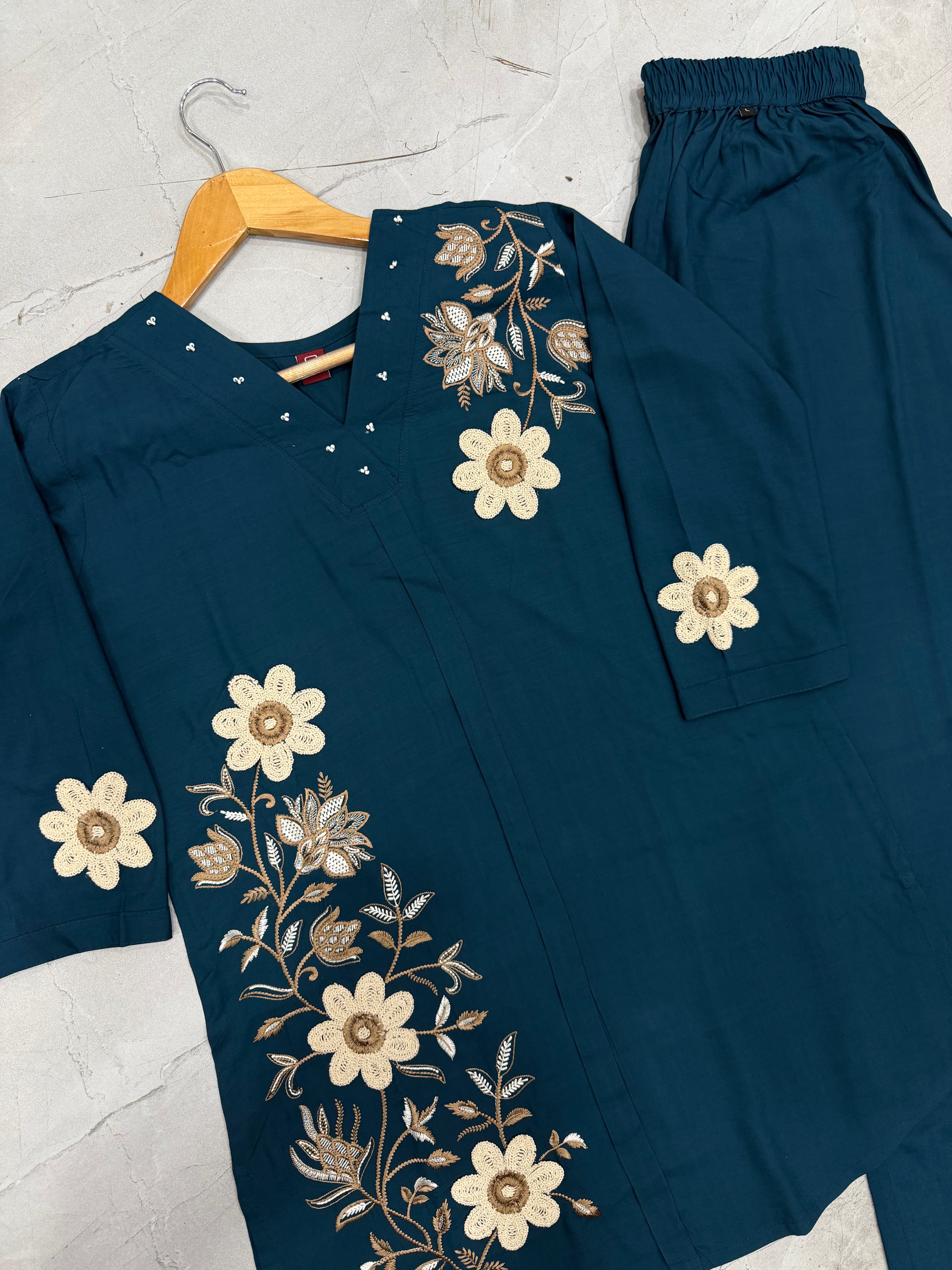 Dark Teal Floral Embroidered Rayon Co-Ord Set for Women