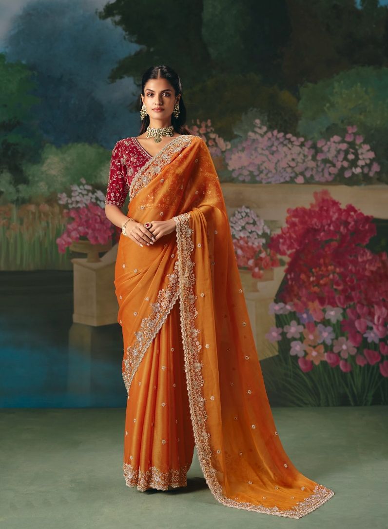 Sachika Tissue Silk Hand Embroidered Saree In Orange - Kimora Iconic - Wedding Saree