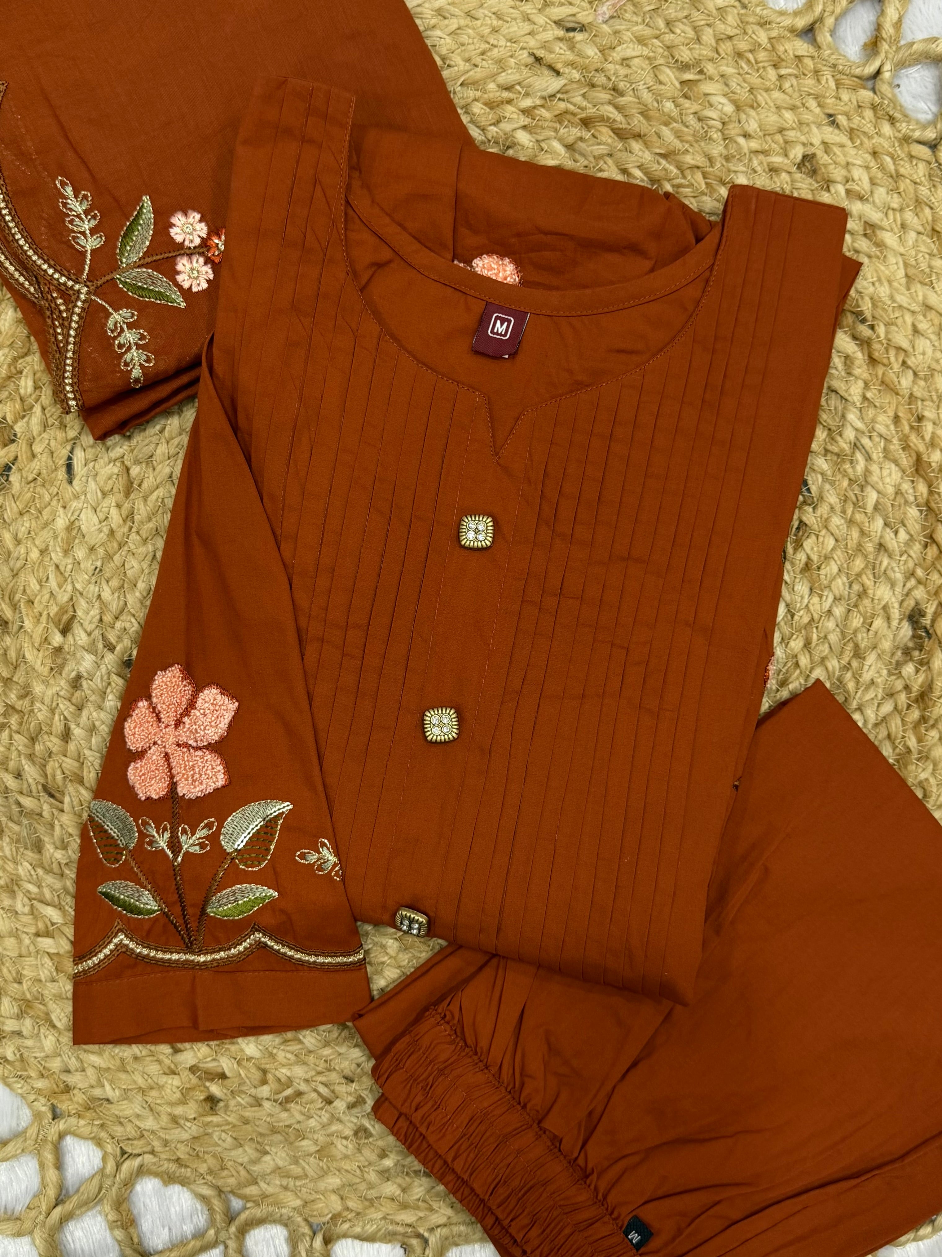 Rust Pure Cotton Embroidered Anarkali Kurti Set with Dupatta