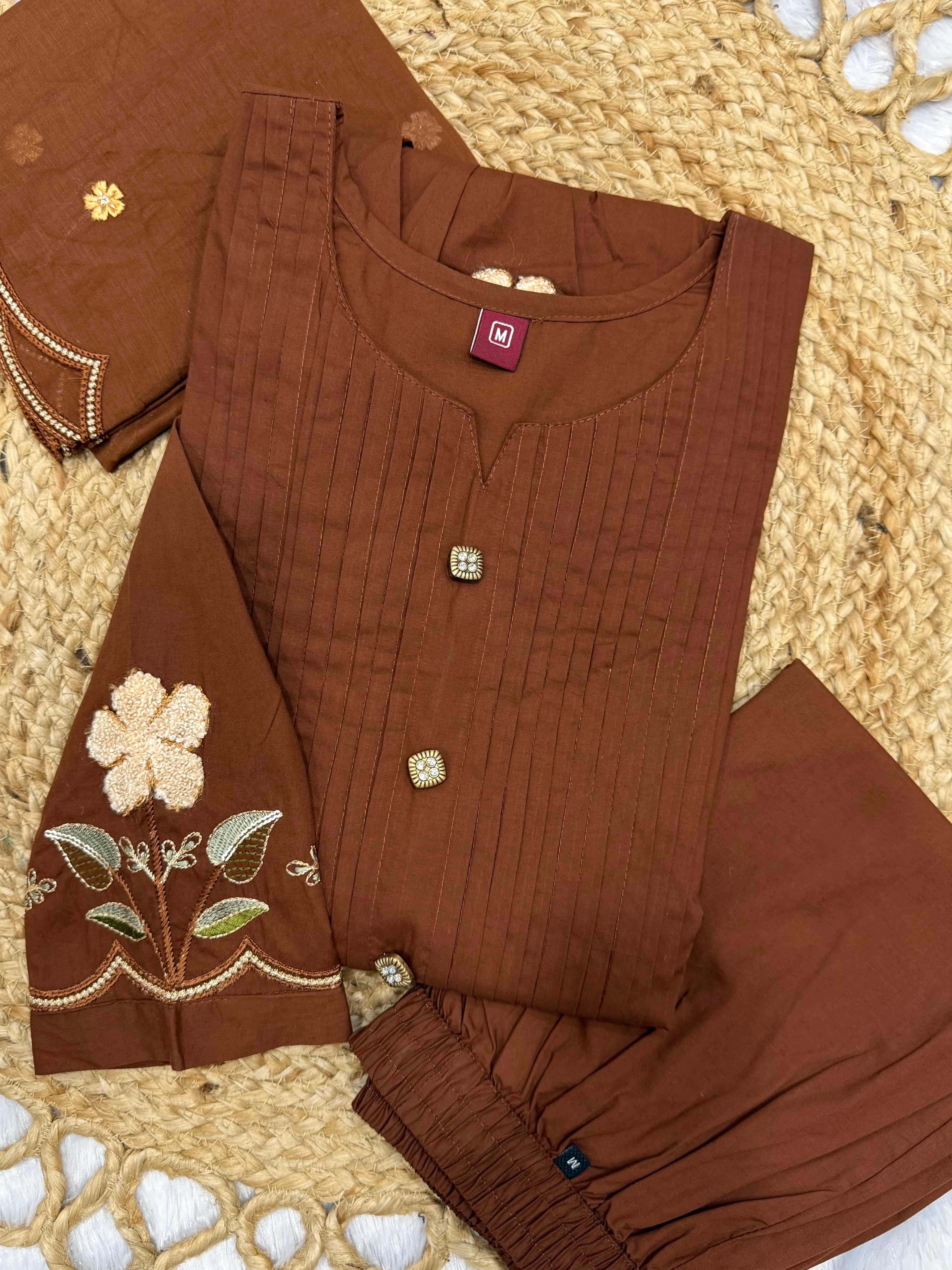 Brown Pure Cotton Embroidered Anarkali Kurti Set with Dupatta & Culottes