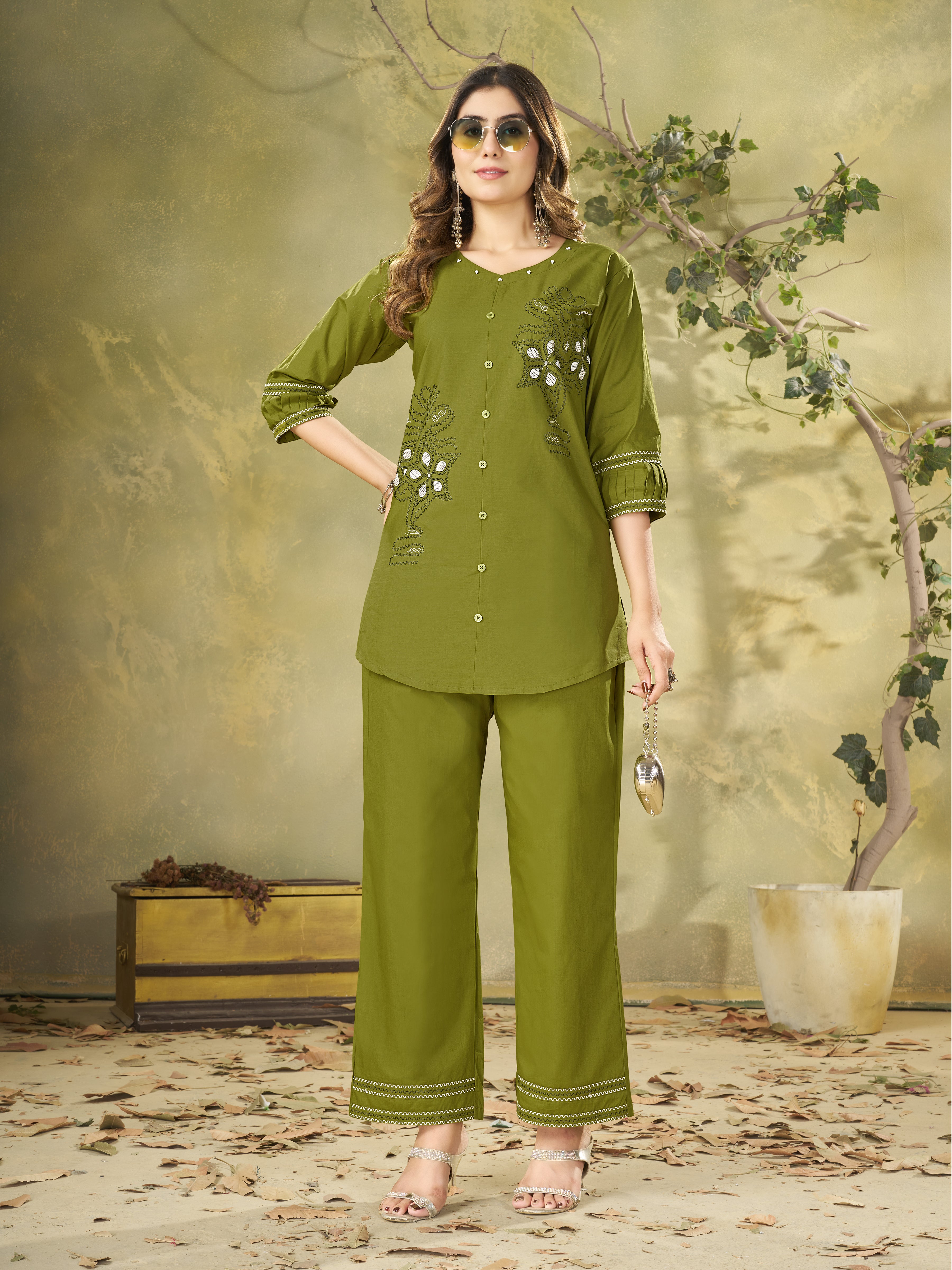 Olive Green Pure Cotton Embroidered Co-Ord Set with Straight Pant
