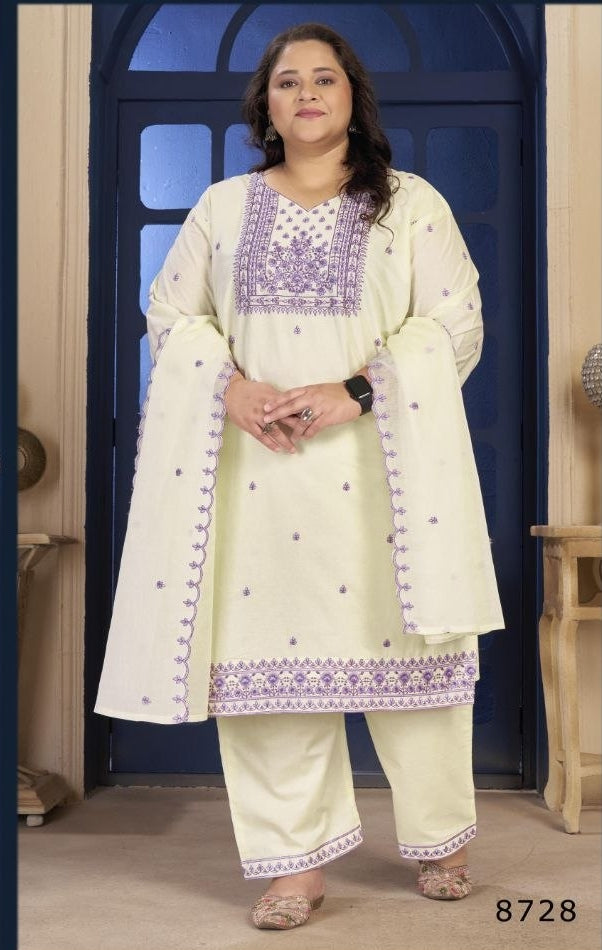 Plus Size Pure Cotton Embroidered Kurta Pant Dupatta Set for Women | Nardev Fashion