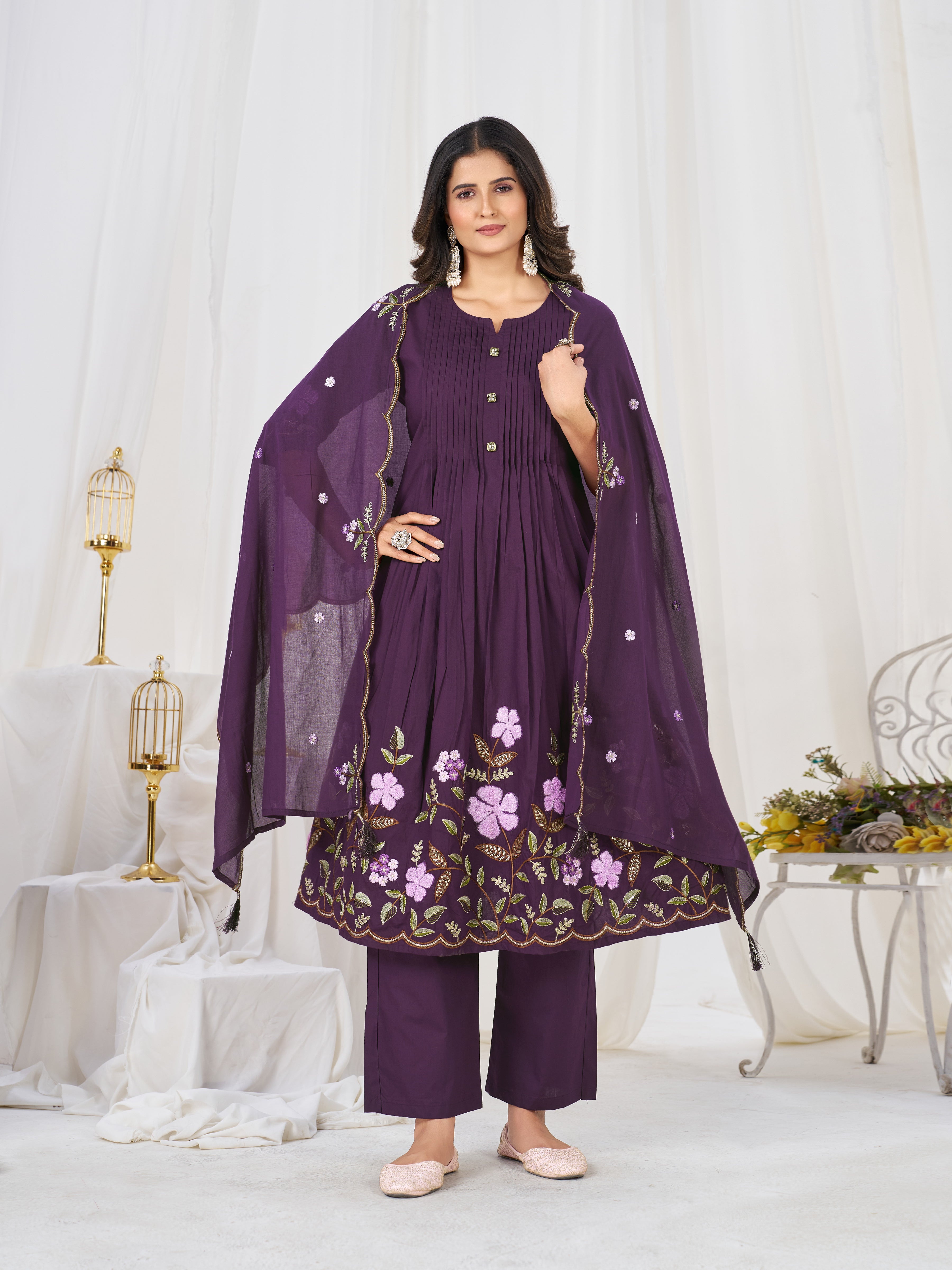 Purple Embroidered Pure Cotton Anarkali Kurti Pant & Dupatta Set