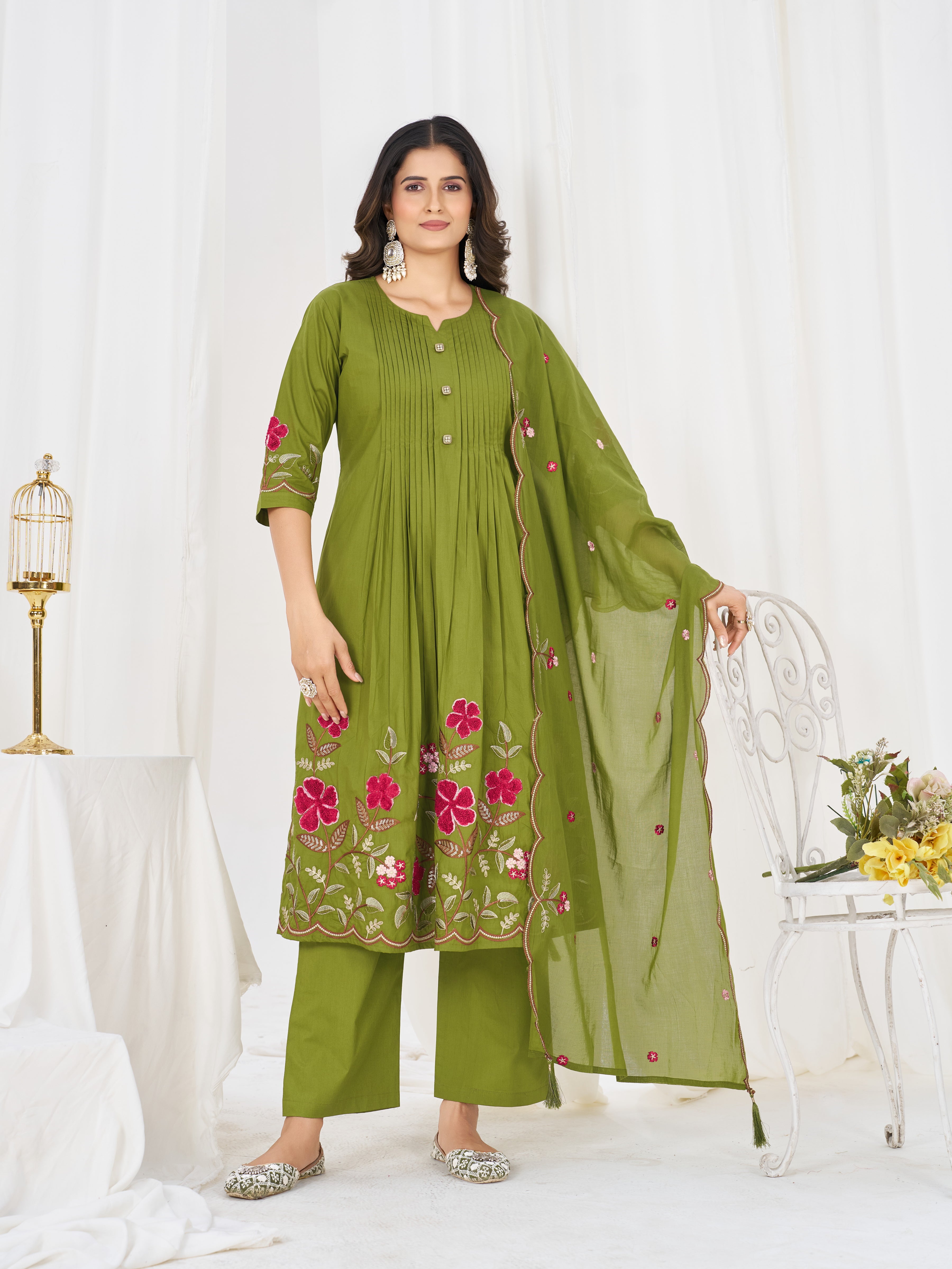 Olive Green Pure Cotton Embroidered Anarkali Kurti Set with Dupatta & Culottes Pant
