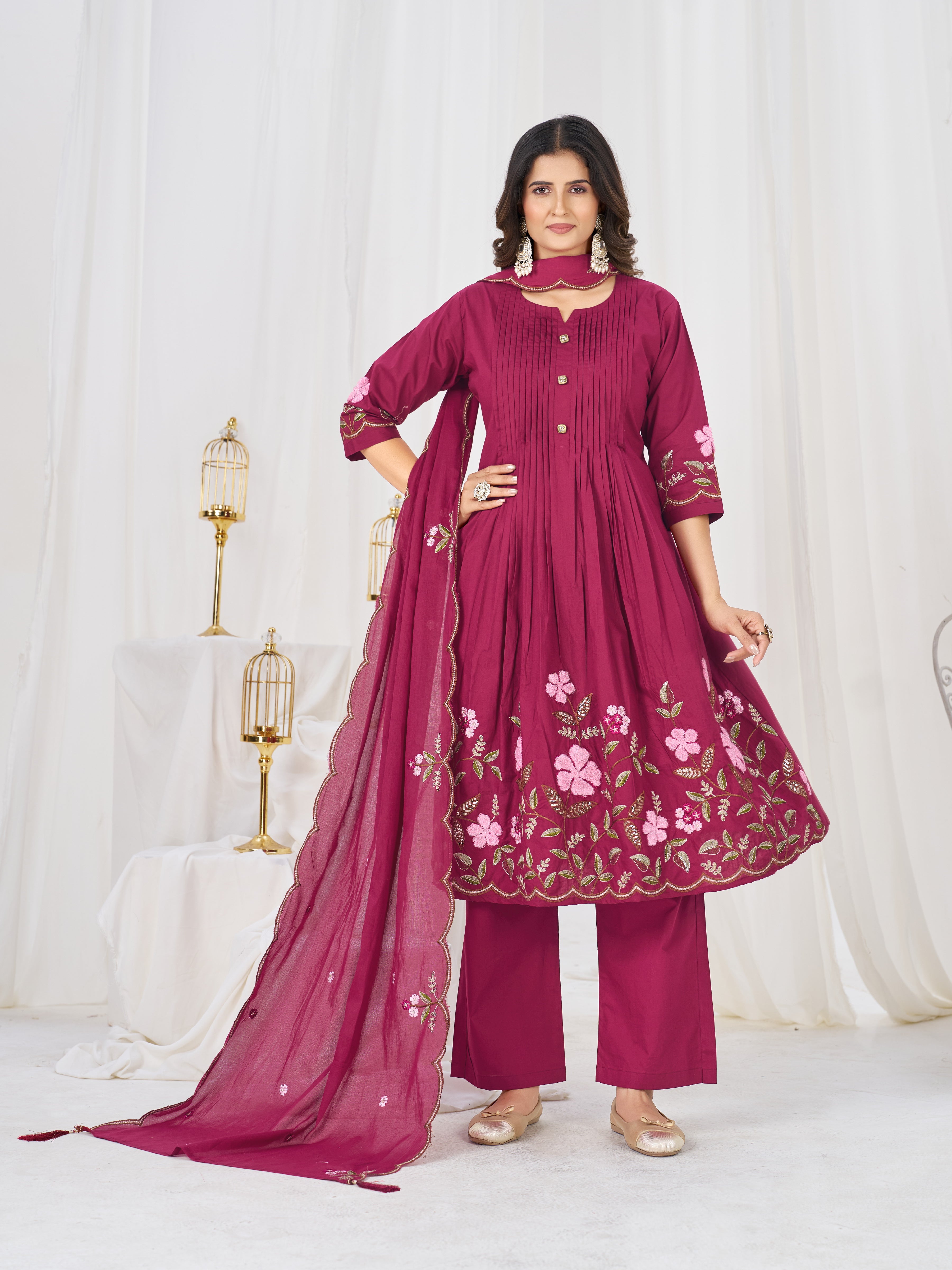 Pink Pure Cotton Floral Embroidered Anarkali Kurti Set with Dupatta