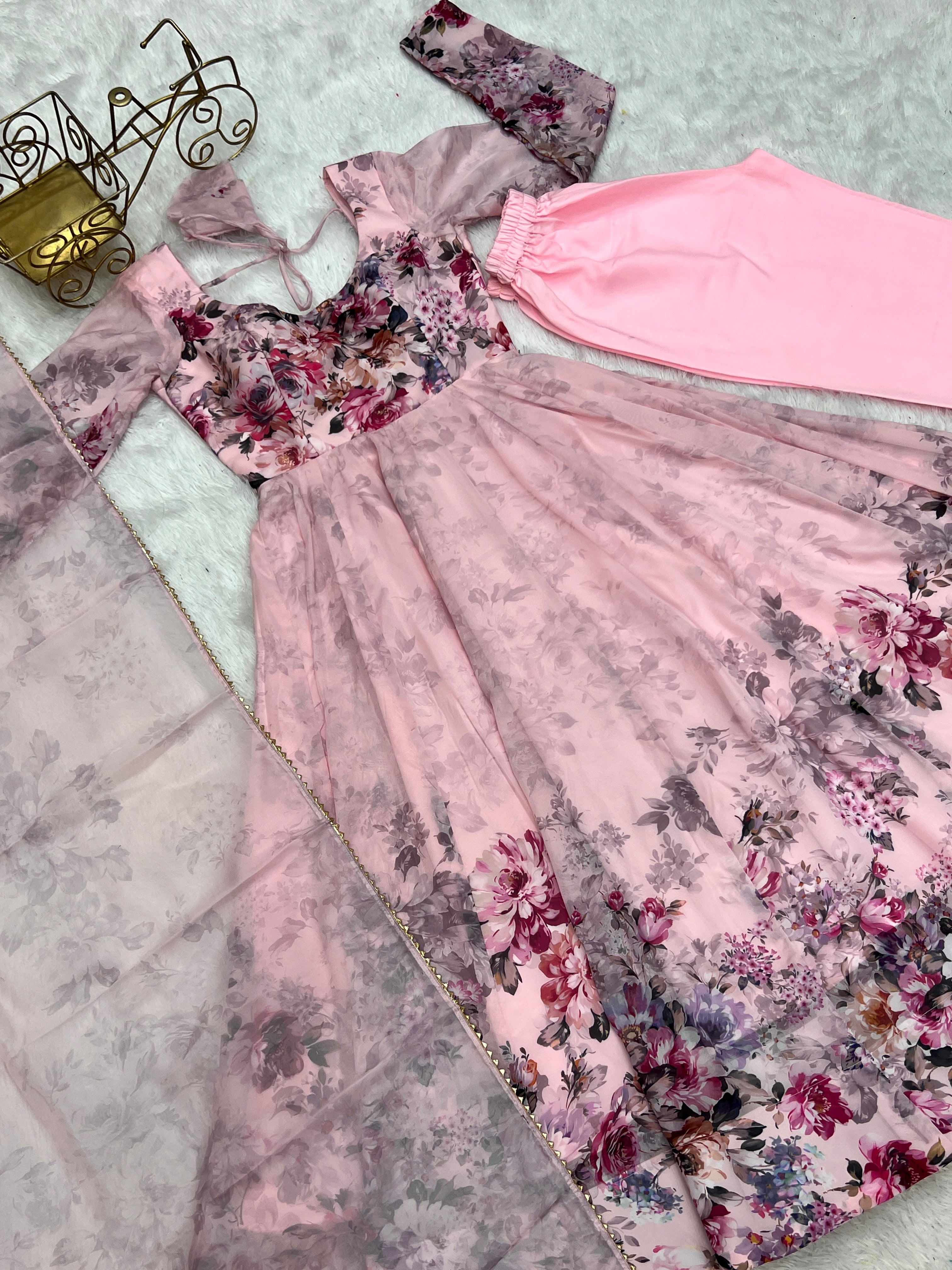 Pink Floral Anarkali Gown Pant Dupatta