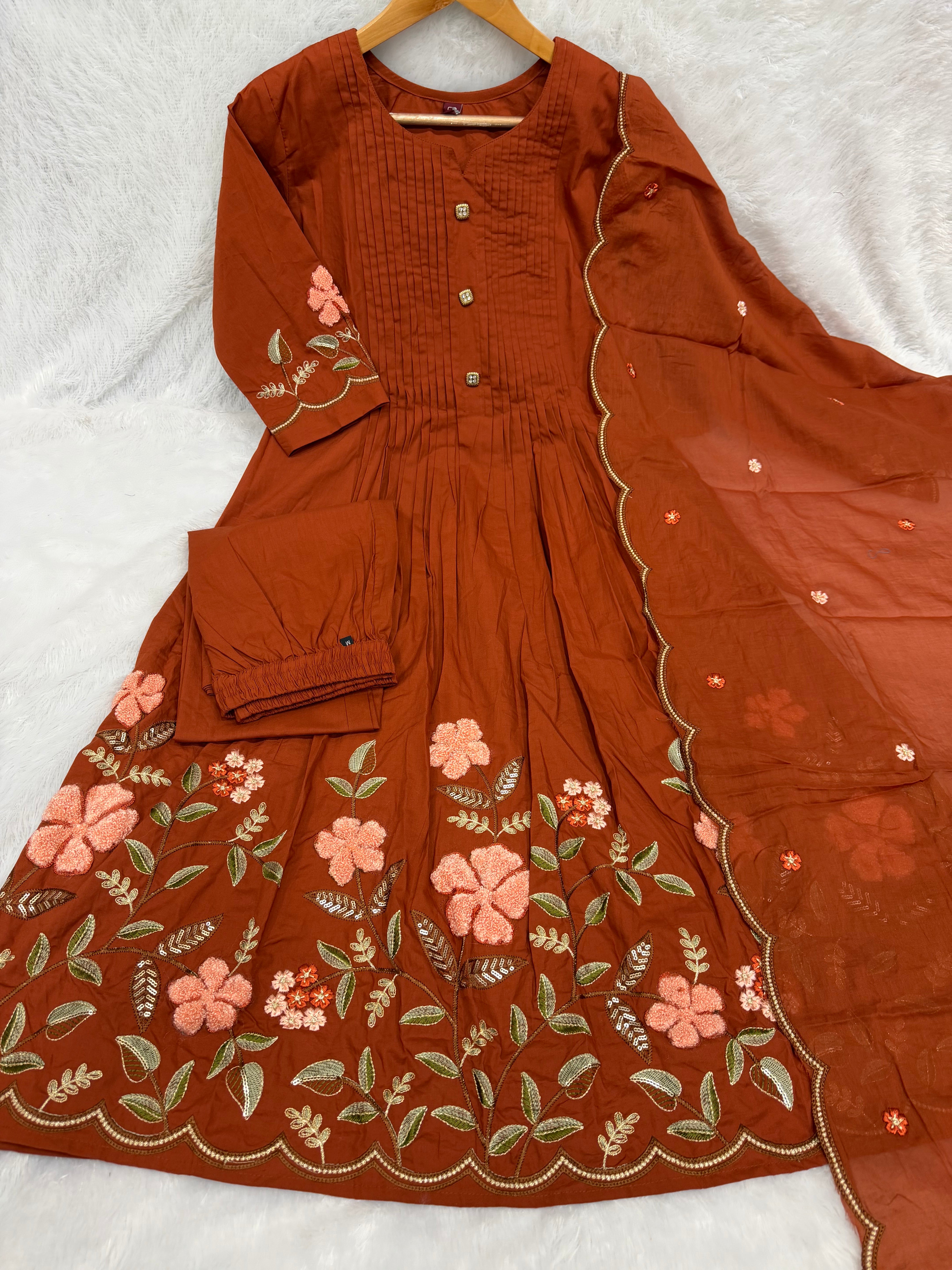 Rust Pure Cotton Embroidered Anarkali Kurti Set with Dupatta