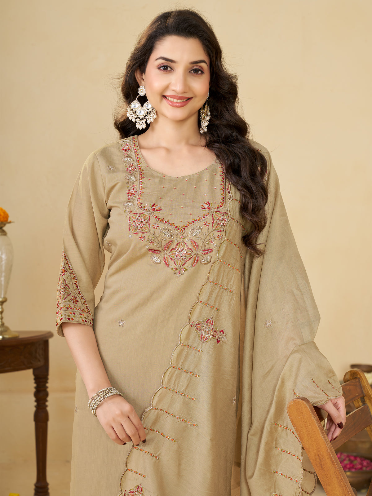 Beige Marina Silk Embroidered Kurti Pant Set with Maslin Dupatta