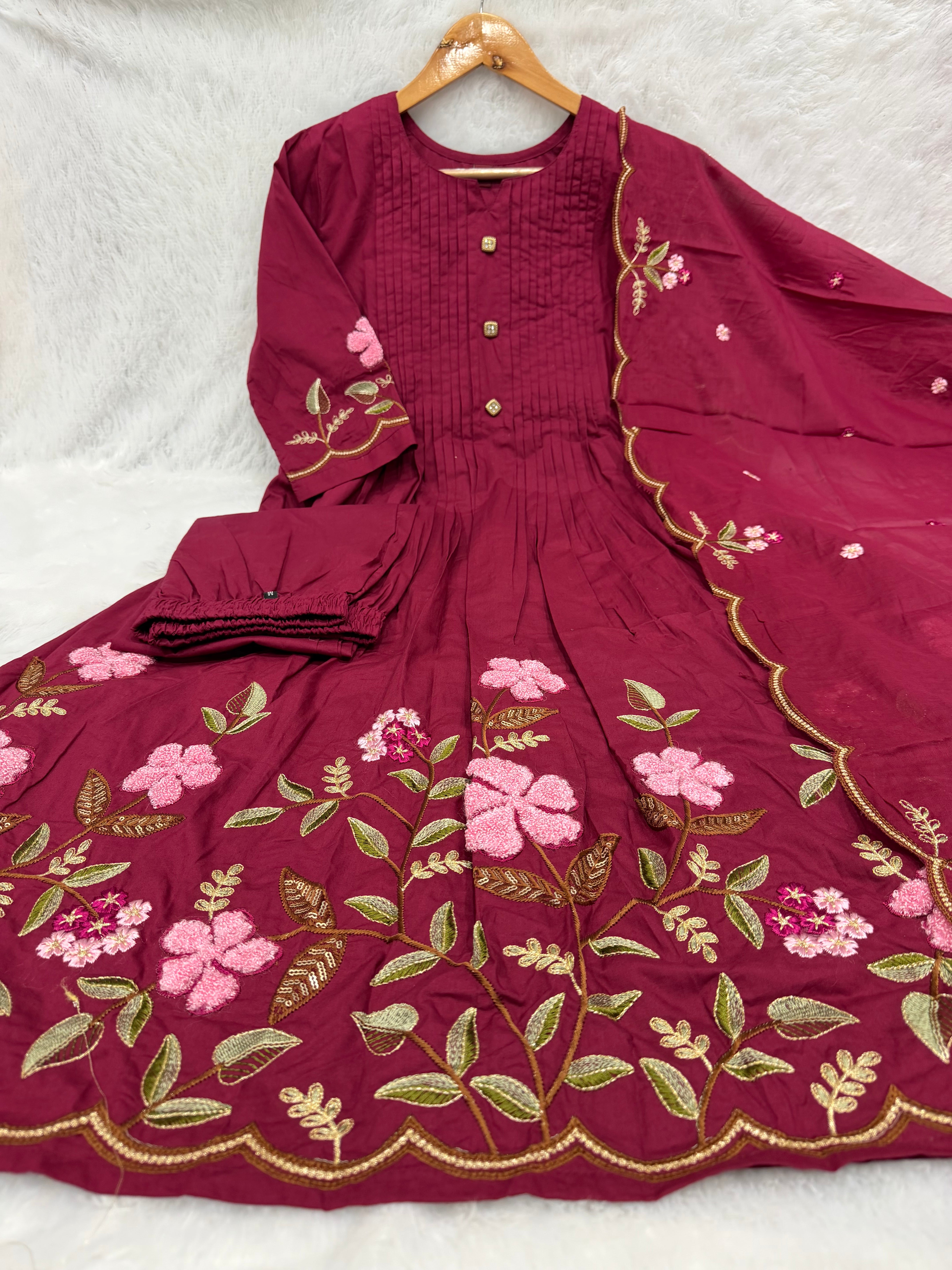 Pink Pure Cotton Floral Embroidered Anarkali Kurti Set with Dupatta