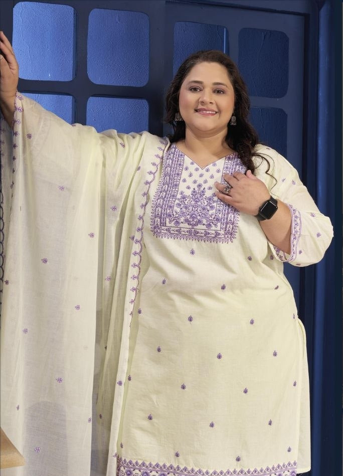 Plus Size Pure Cotton Embroidered Kurta Pant Dupatta Set for Women | Nardev Fashion