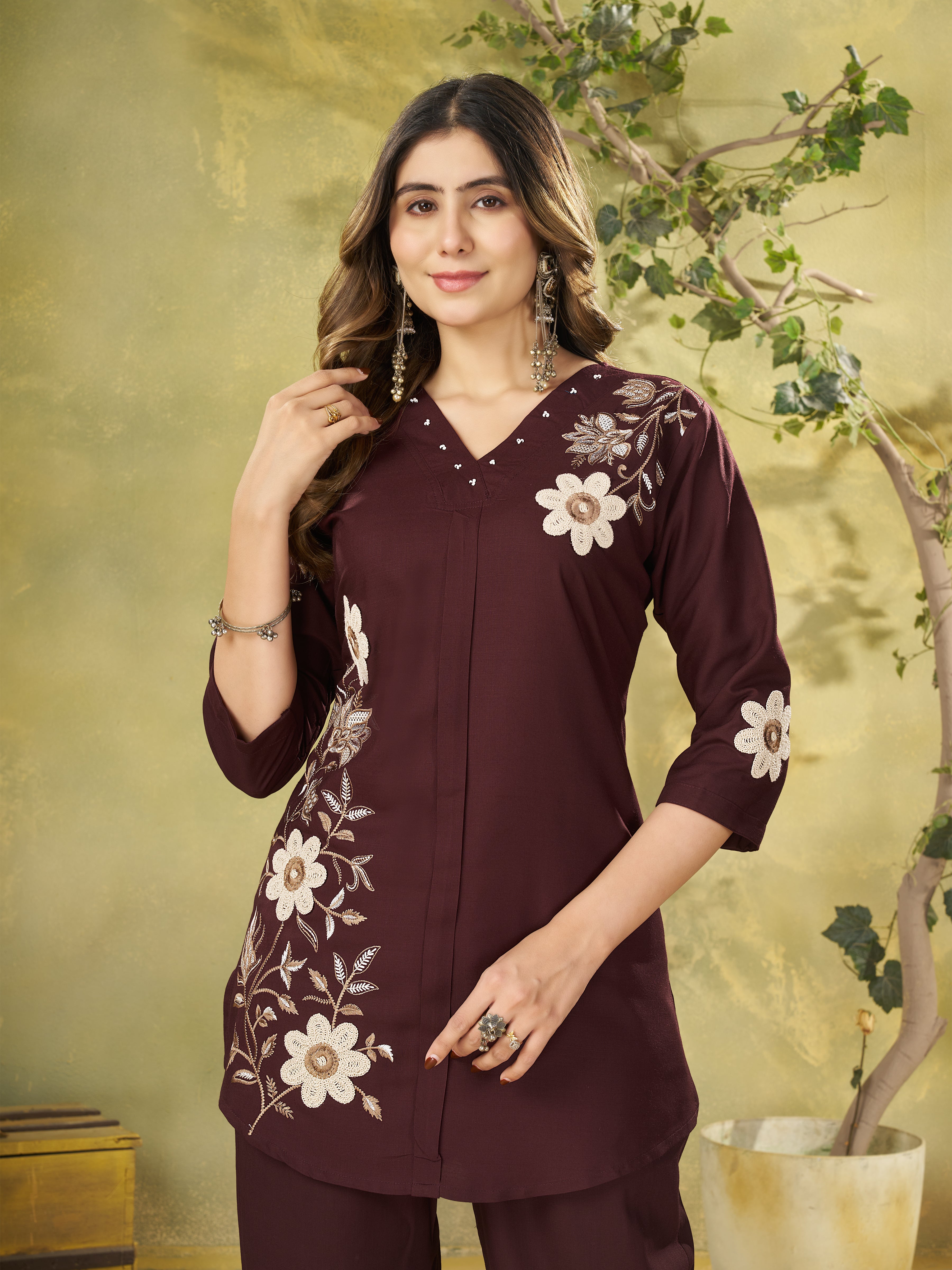 Coffee Brown Heavy Rayon Floral Embroidered Co-Ord Set