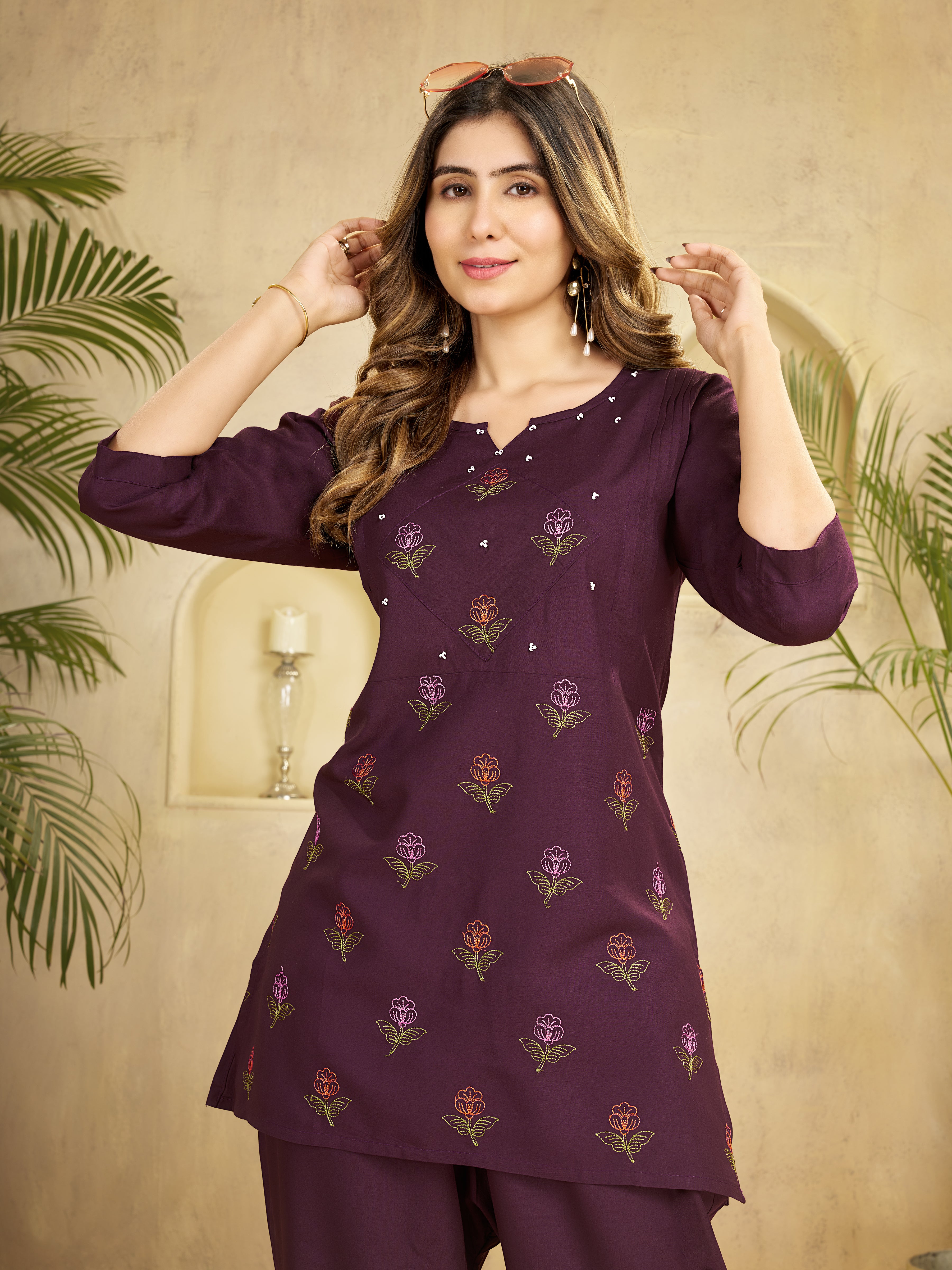 Wine Heavy Rayon Embroidered Co-Ord Set with Straight Pants