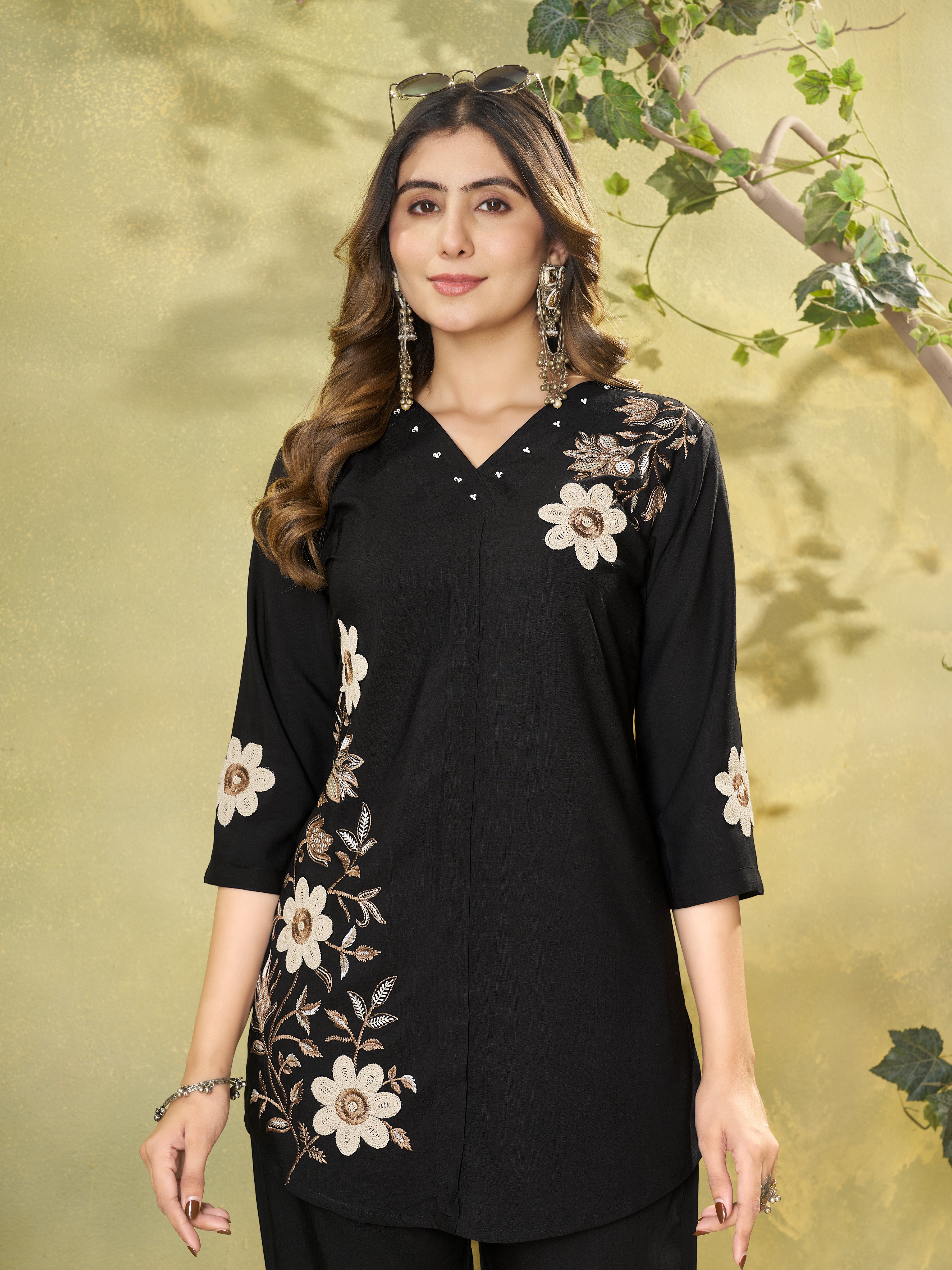 Black Floral Embroidered Heavy Rayon Co-Ord Set for Women