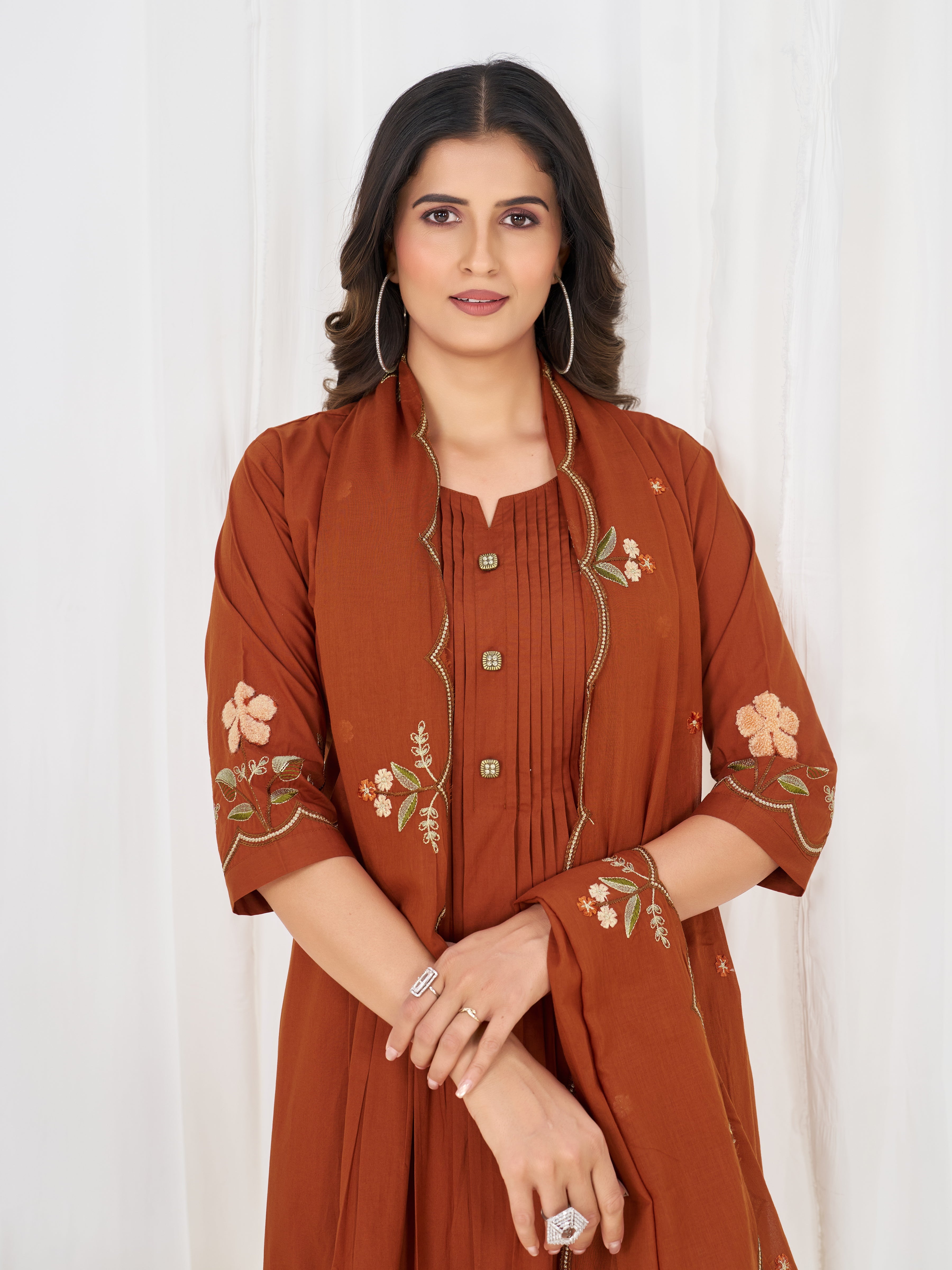 Rust Pure Cotton Embroidered Anarkali Kurti Set with Dupatta