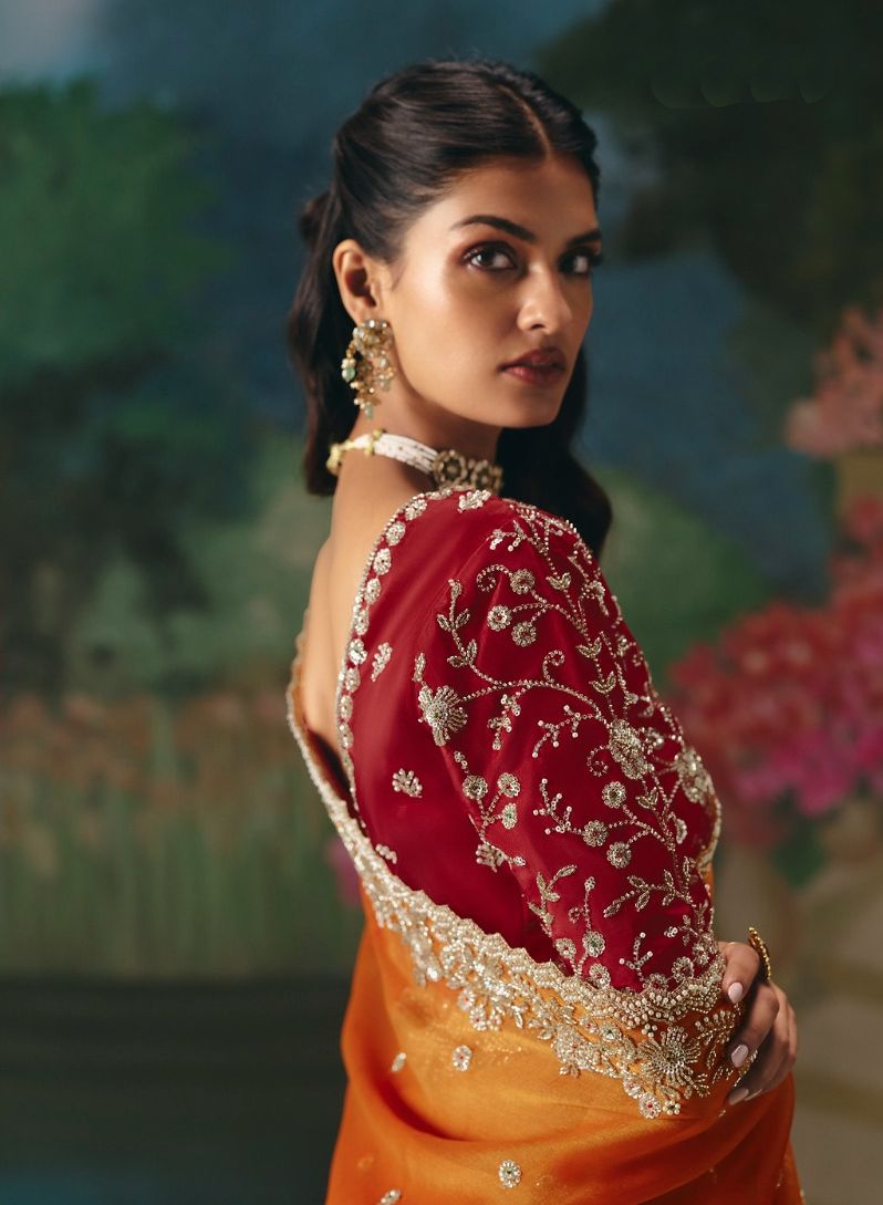 Sachika Tissue Silk Hand Embroidered Saree In Orange - Kimora Iconic - Wedding Saree