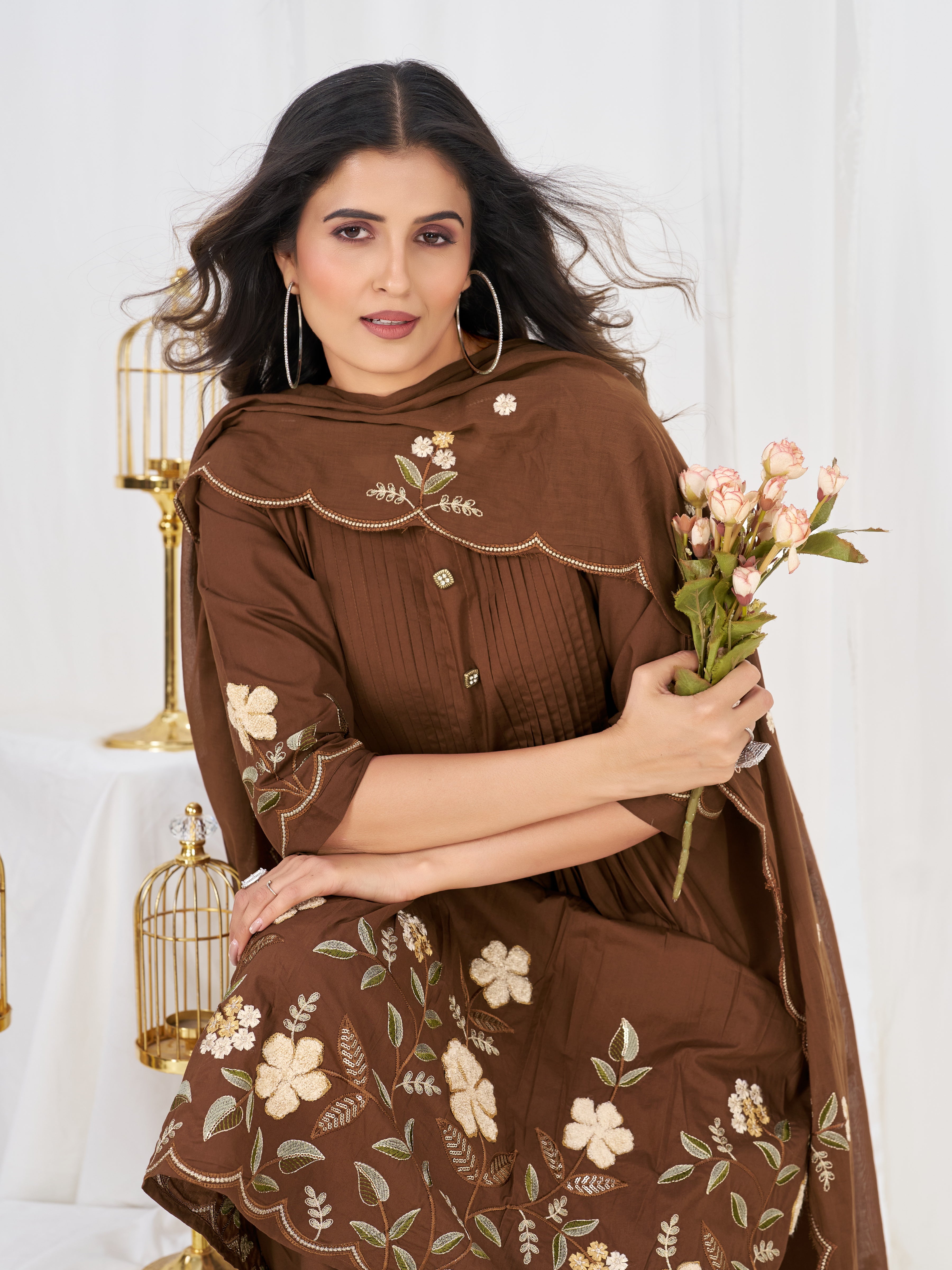 Brown Pure Cotton Embroidered Anarkali Kurti Set with Dupatta & Culottes