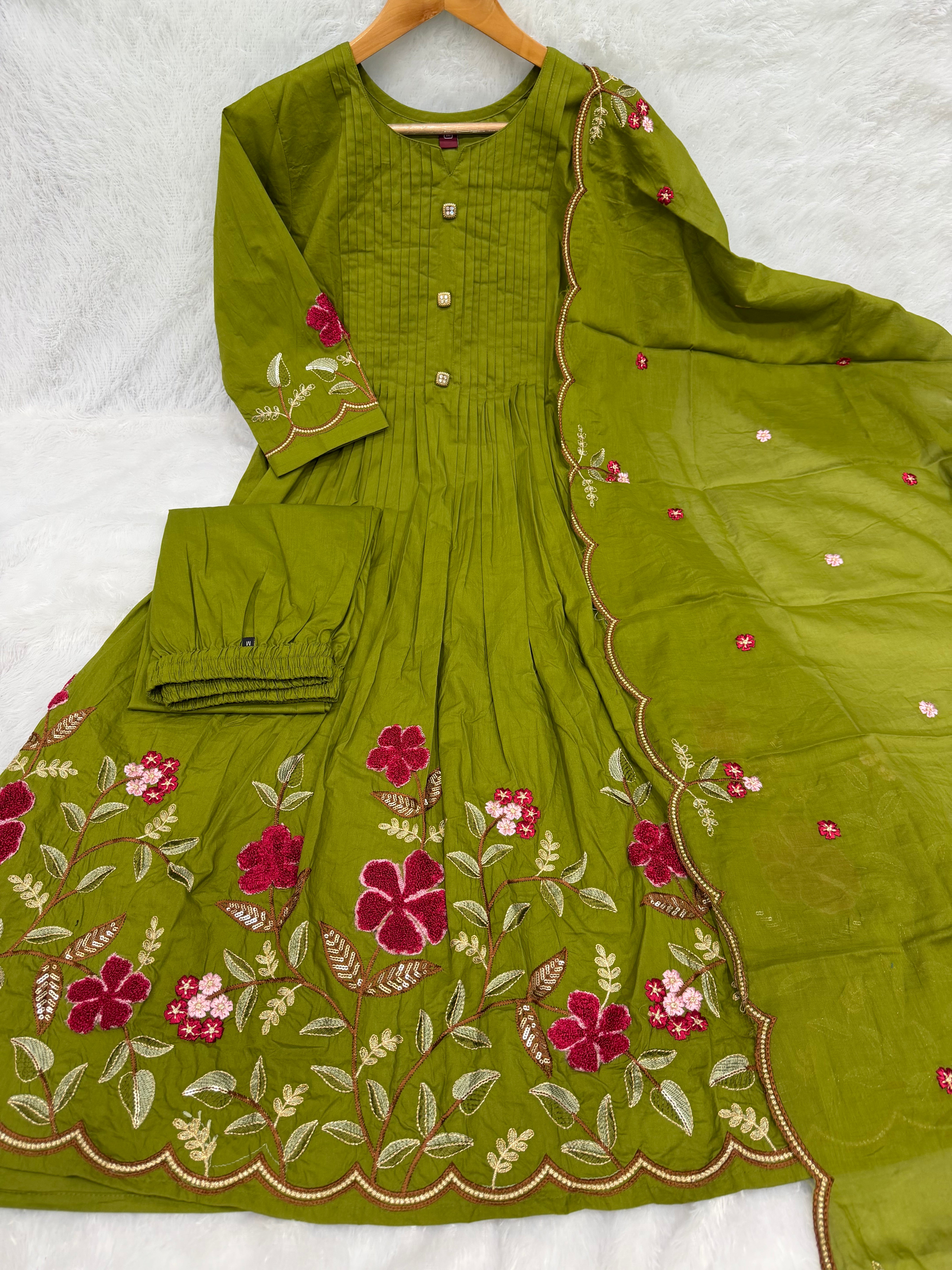 Olive Green Pure Cotton Embroidered Anarkali Kurti Set with Dupatta & Culottes Pant