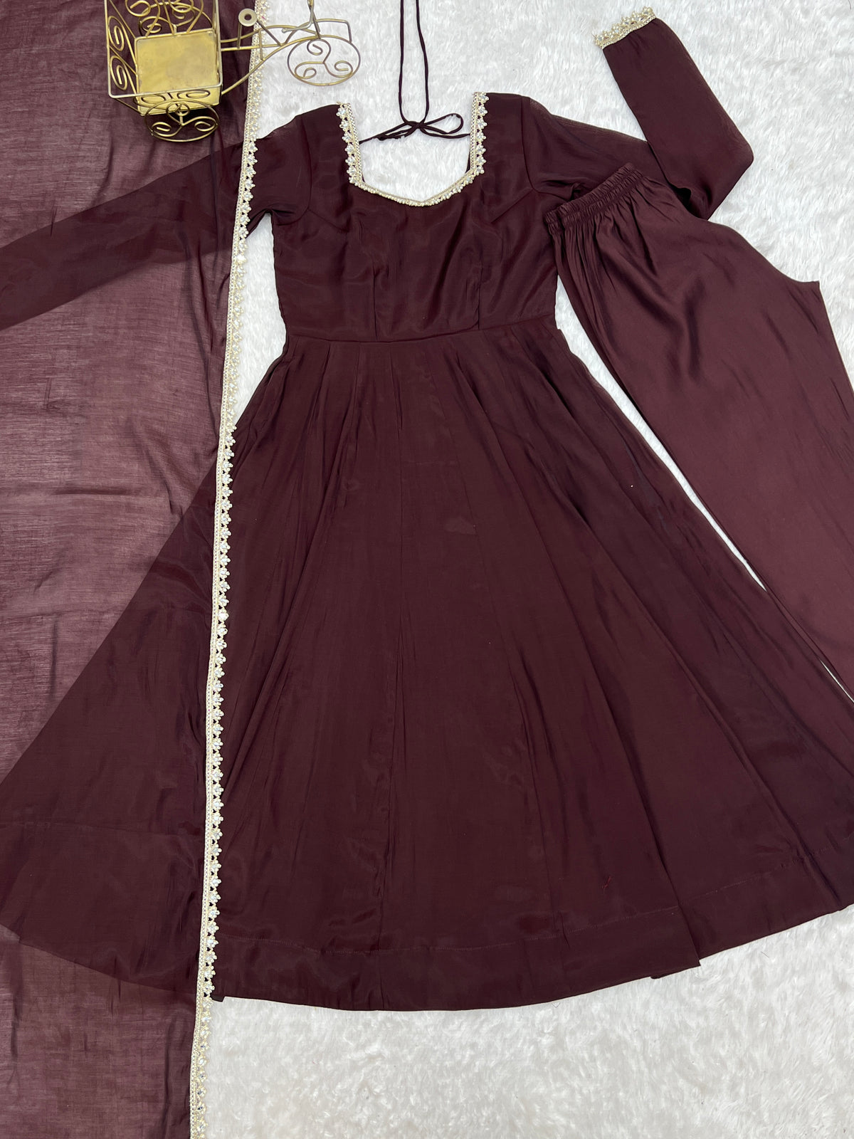 Chocolate Brown Pure Mal Chanderi 16 Kali Anarkali Gown Set with Mirror Work Dupatta