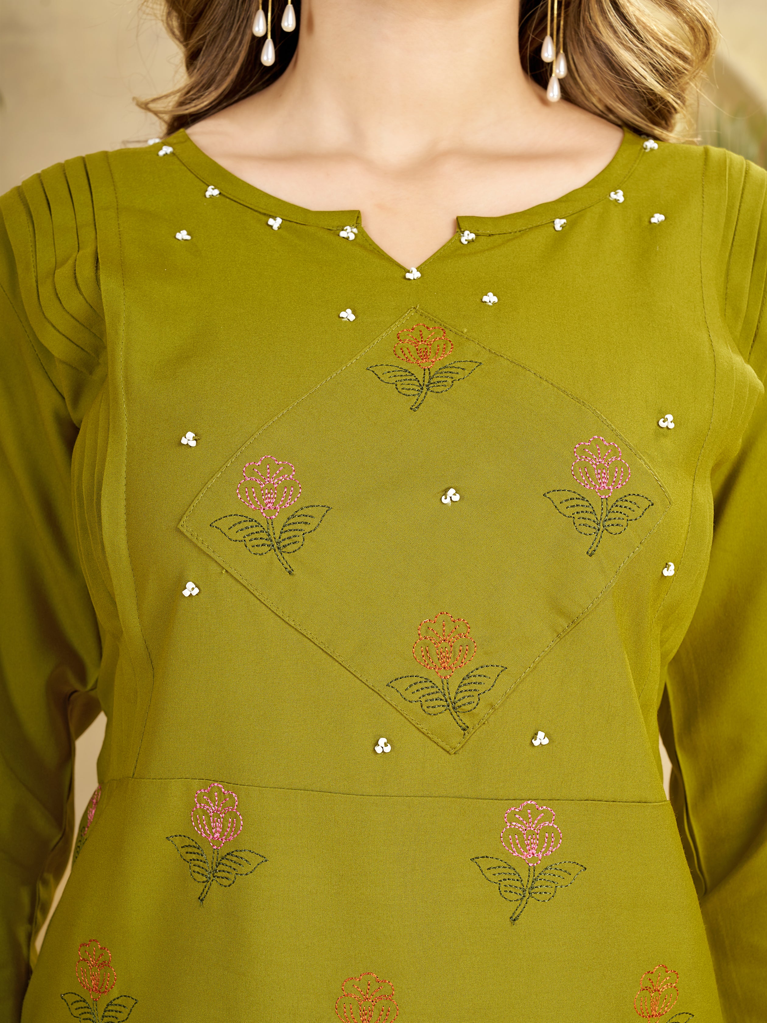 Olive Green Heavy Rayon Embroidered Co-Ord Set for Women