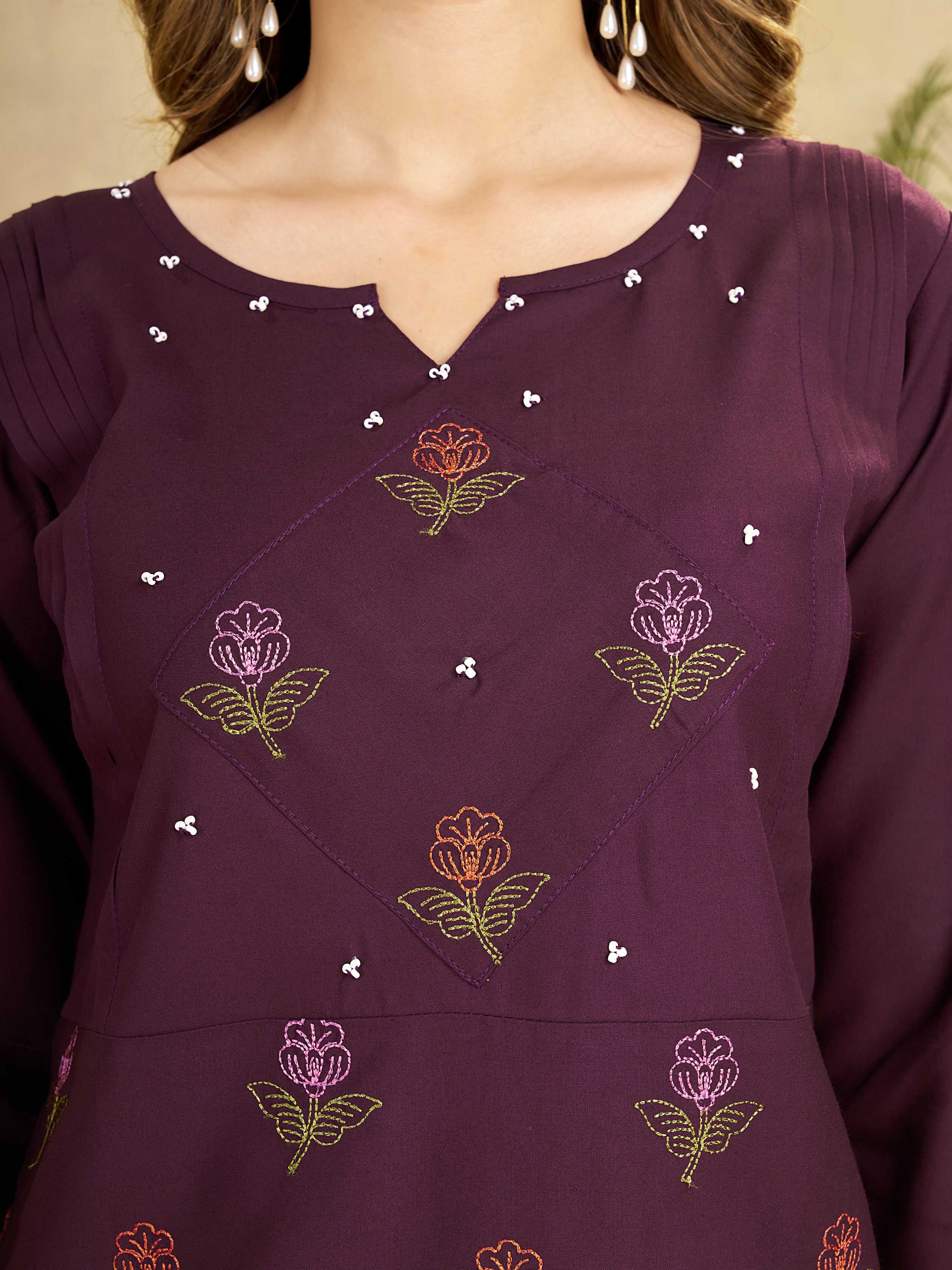 Wine Heavy Rayon Embroidered Co-Ord Set with Straight Pants
