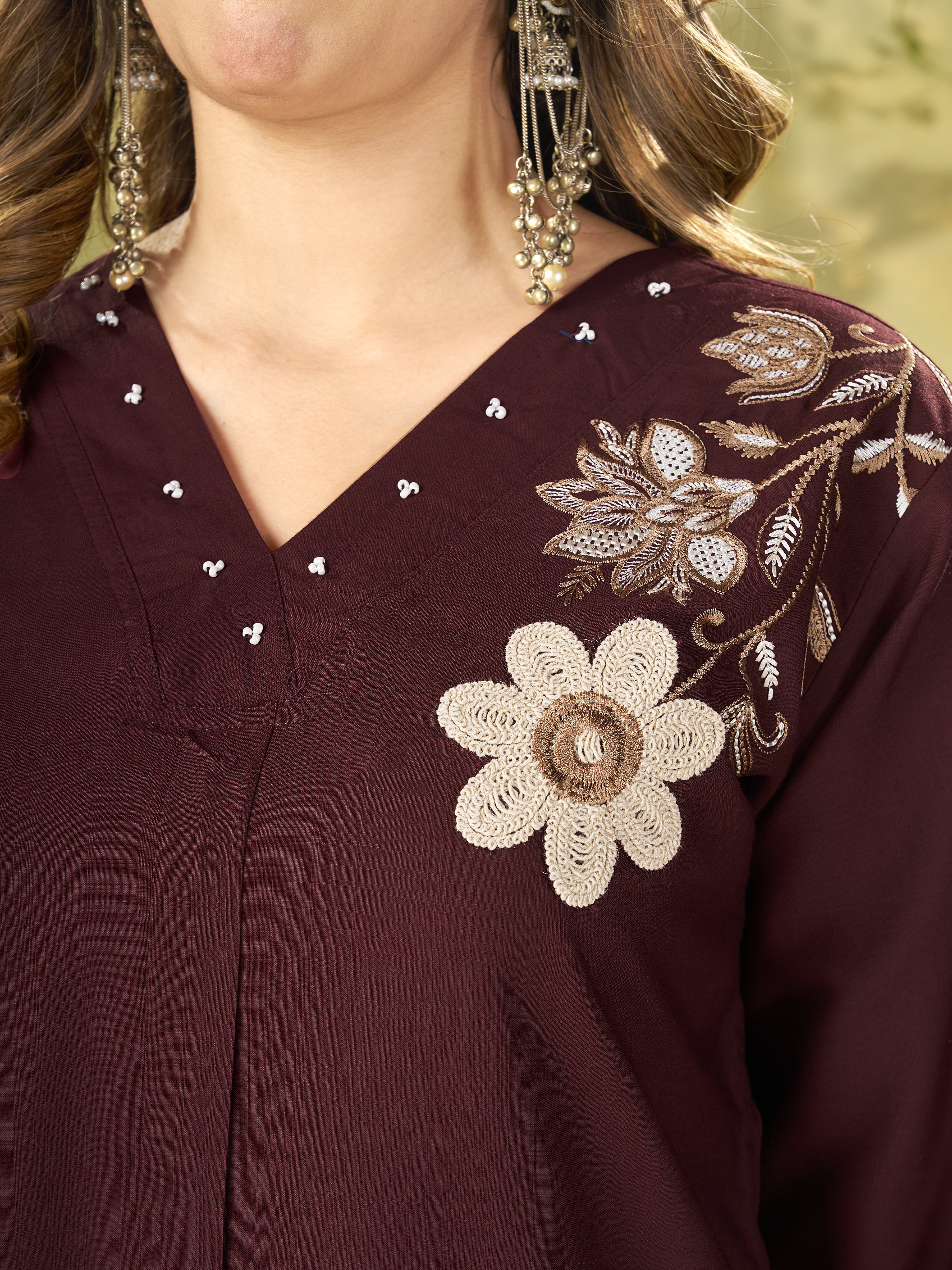 Coffee Brown Heavy Rayon Floral Embroidered Co-Ord Set