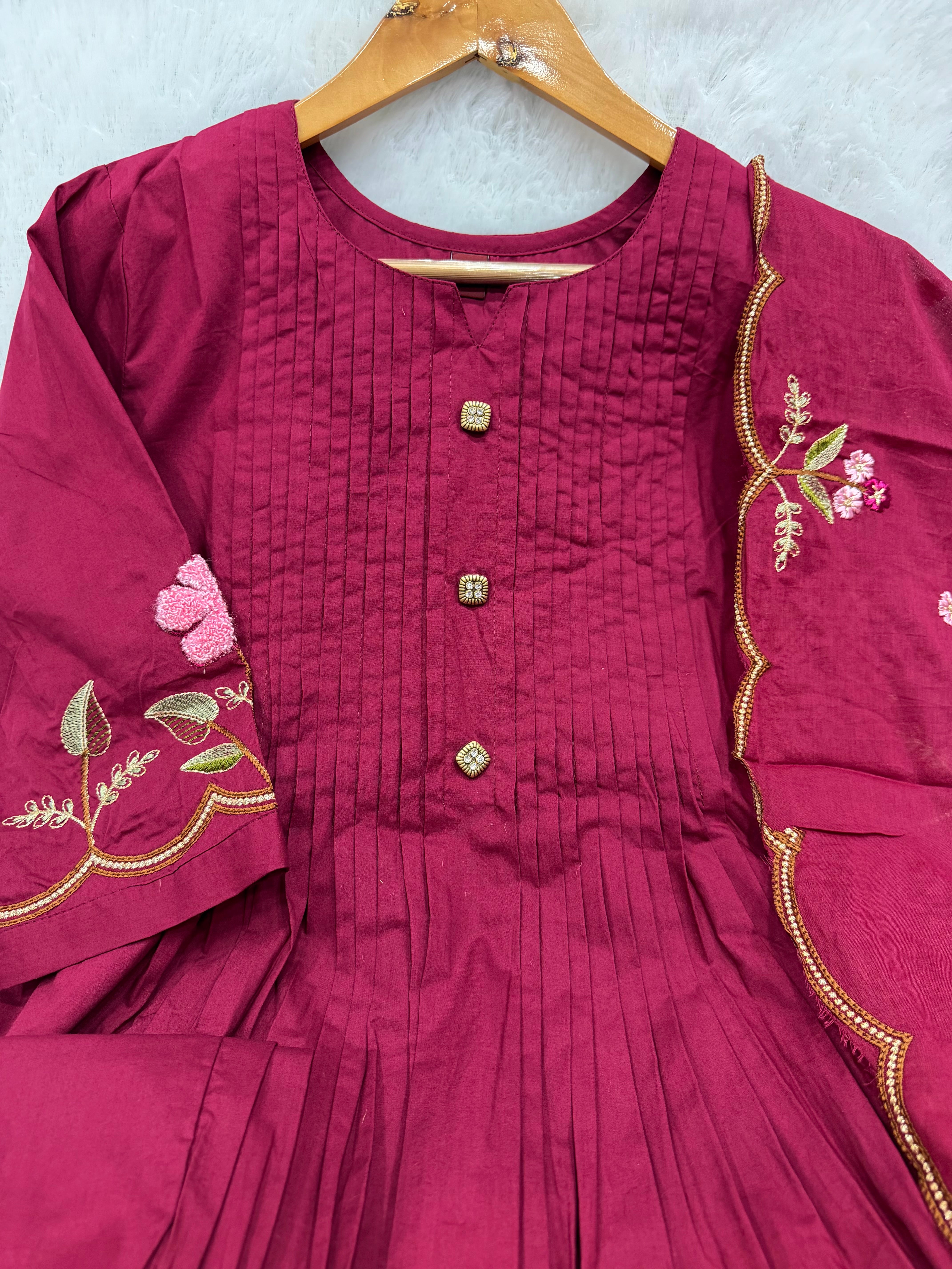 Pink Pure Cotton Floral Embroidered Anarkali Kurti Set with Dupatta
