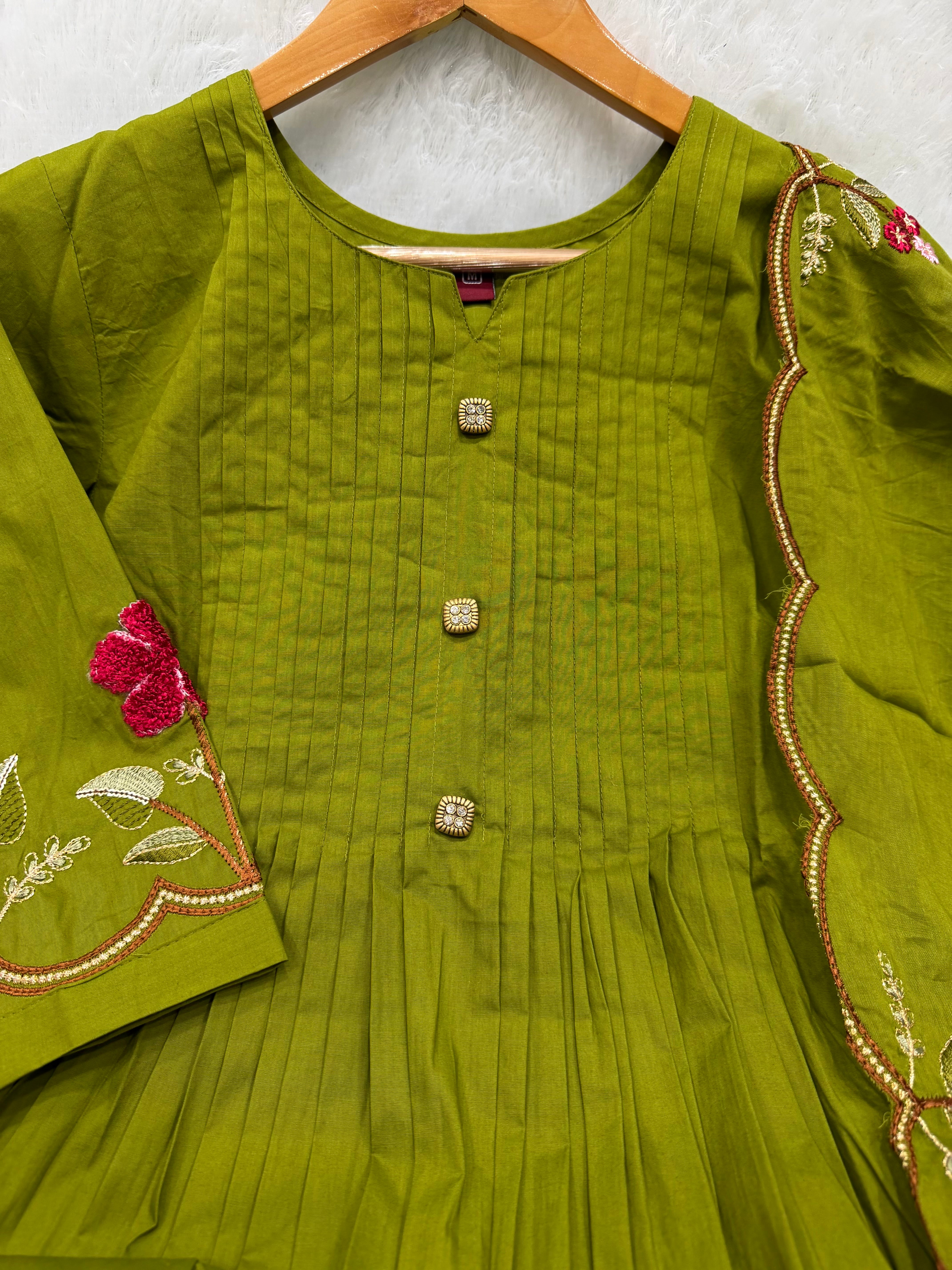Olive Green Pure Cotton Embroidered Anarkali Kurti Set with Dupatta & Culottes Pant