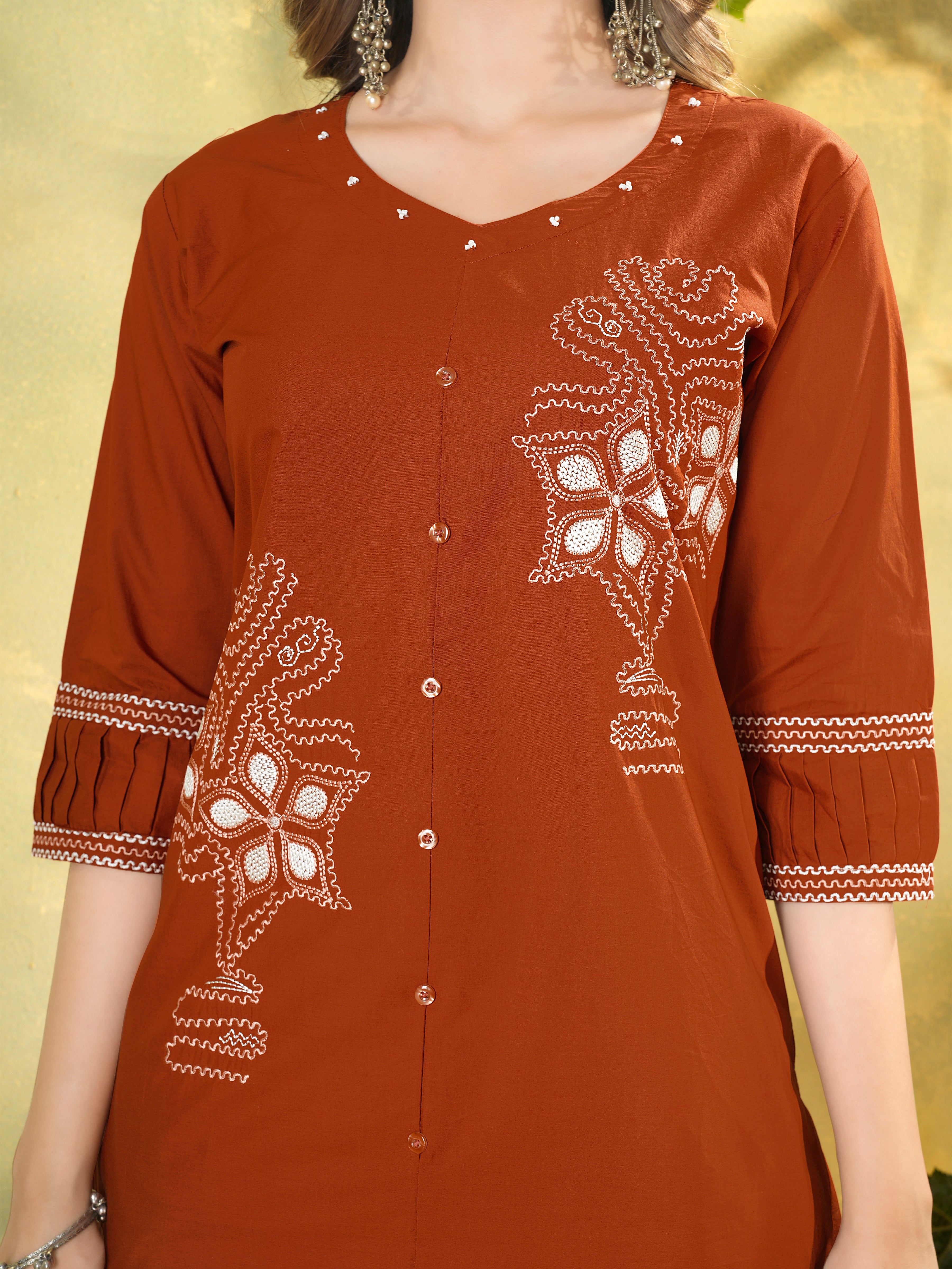 Rust Orange Pure Cotton Embroidered Co-Ord Set with Straight Pant