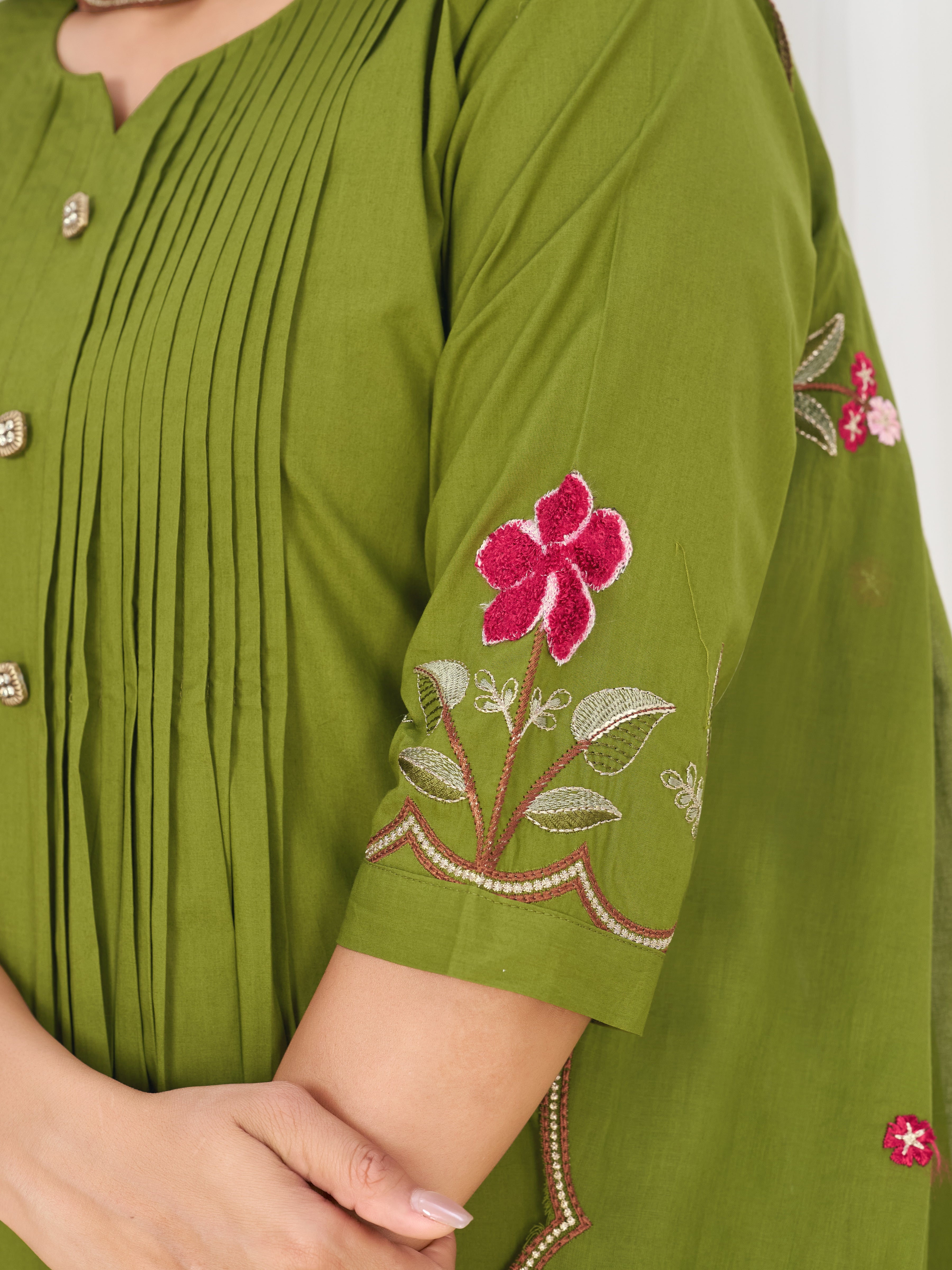 Olive Green Pure Cotton Embroidered Anarkali Kurti Set with Dupatta & Culottes Pant