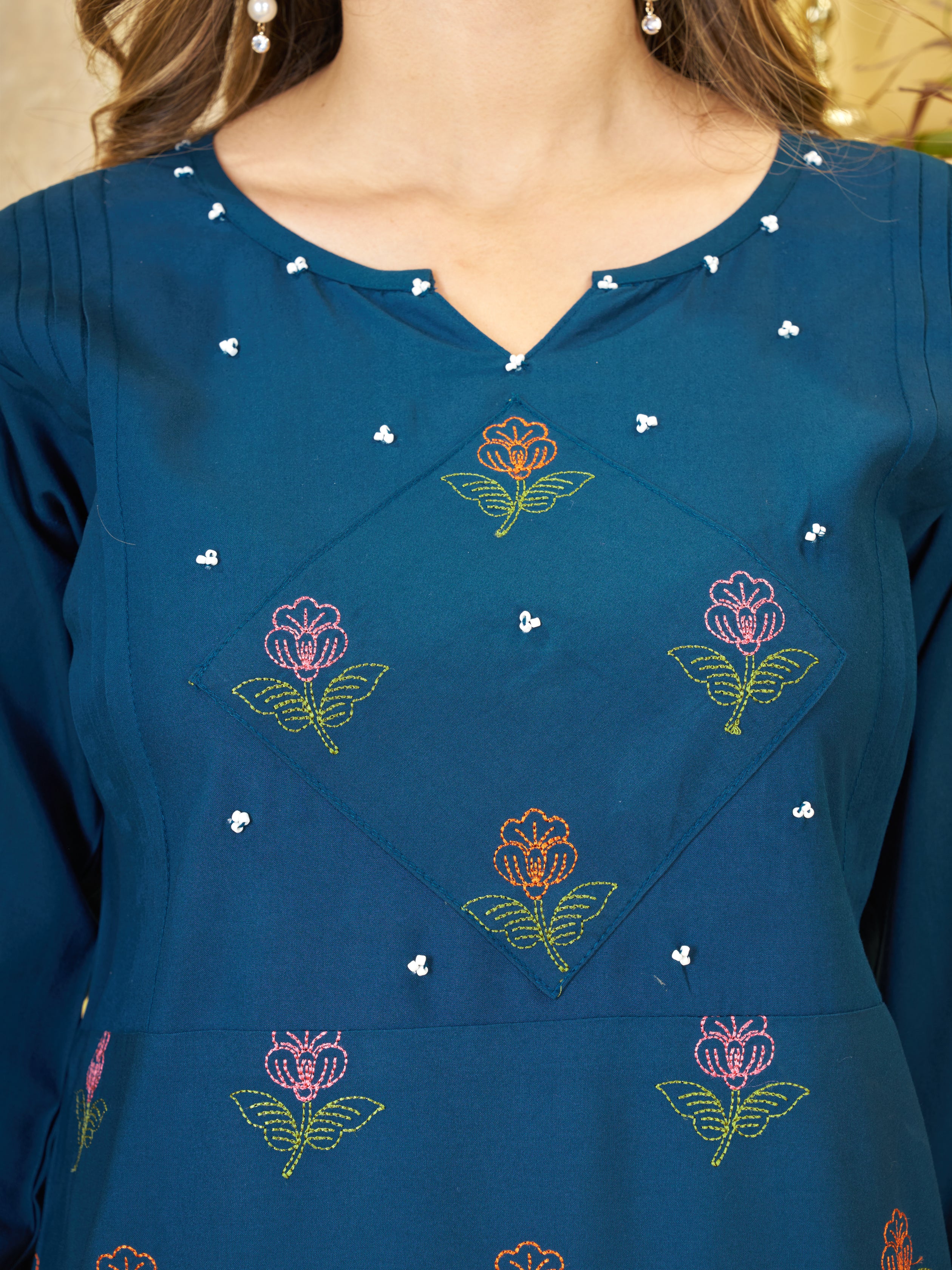 Teal Blue Heavy Rayon Floral Embroidered Co-Ord Set