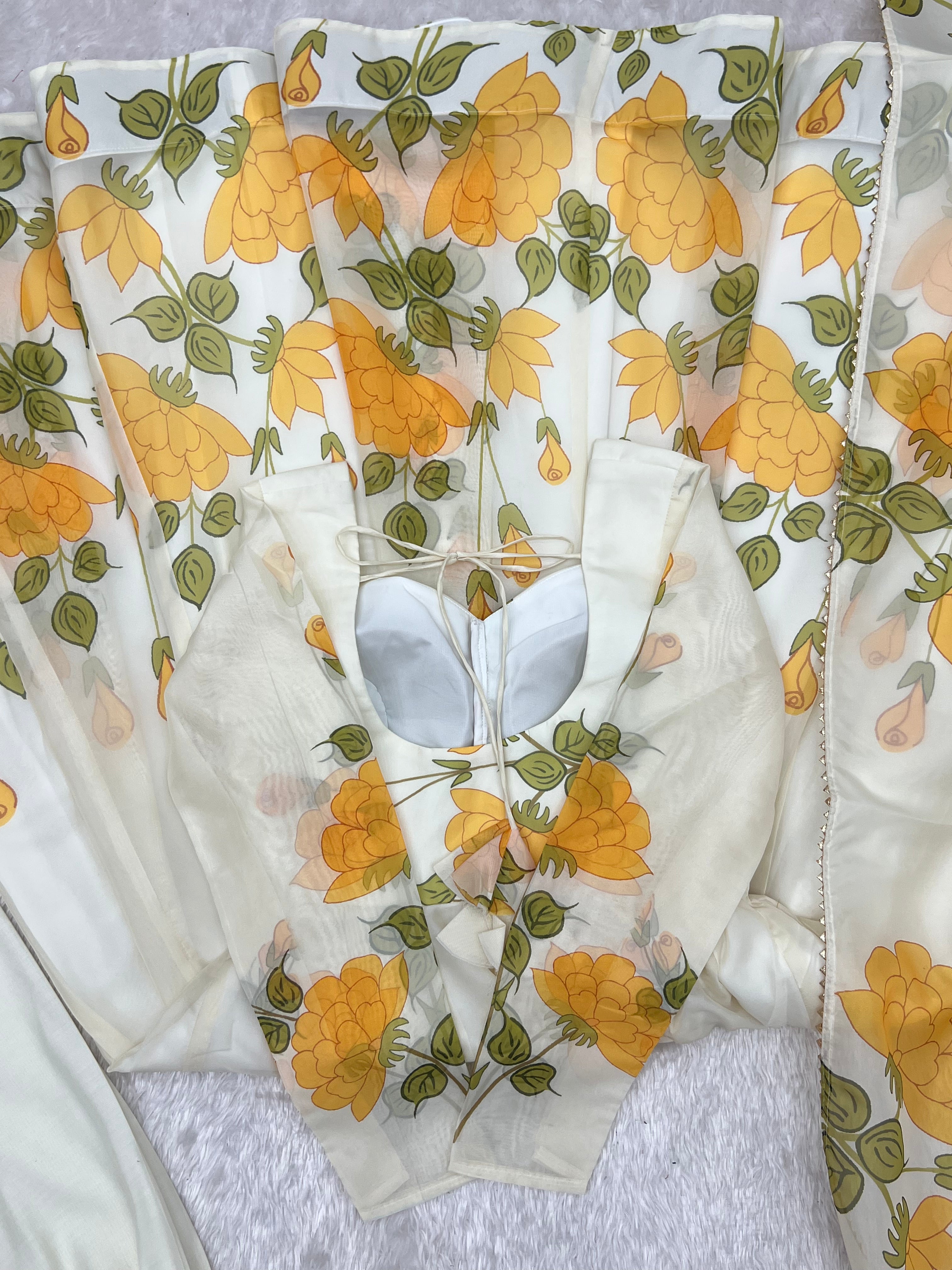 Ivory Floral Elegance Printed Organza Silk Anarkali Suit Set with Dupatta | NARDEV FASHION | Festive , Wedding Guest Outfit