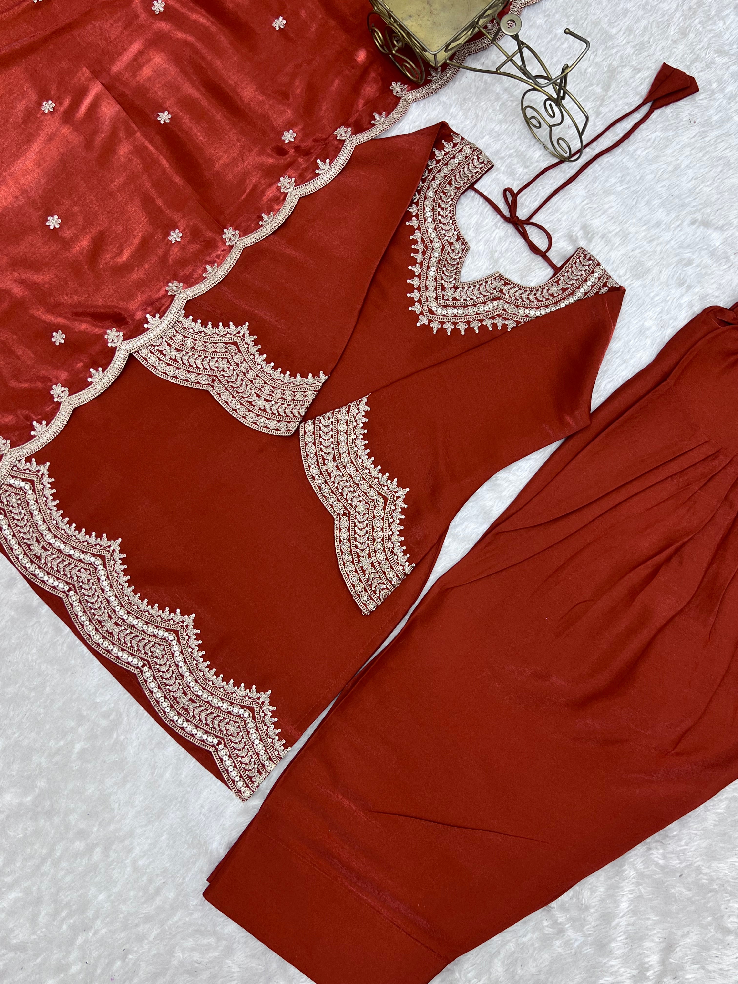 Burnt Orange Glass Roman Silk Embroidered Kurta Set with Farshi Shalwar & Shawl Dupatta | Ready to Wear