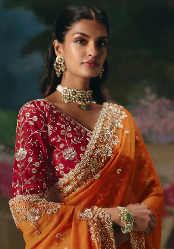 Sachika Tissue Silk Hand Embroidered Saree In Orange - Kimora Iconic - Wedding Saree
