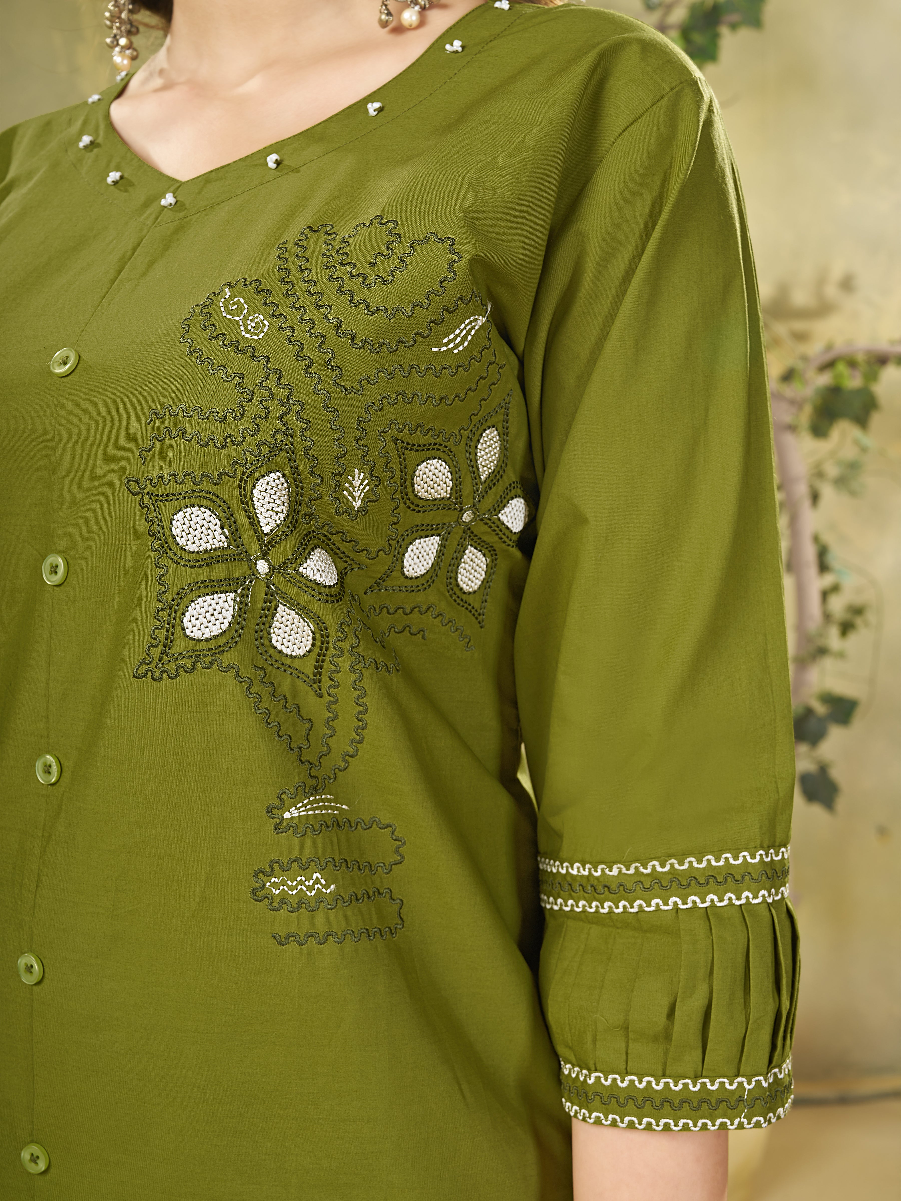 Olive Green Pure Cotton Embroidered Co-Ord Set with Straight Pant