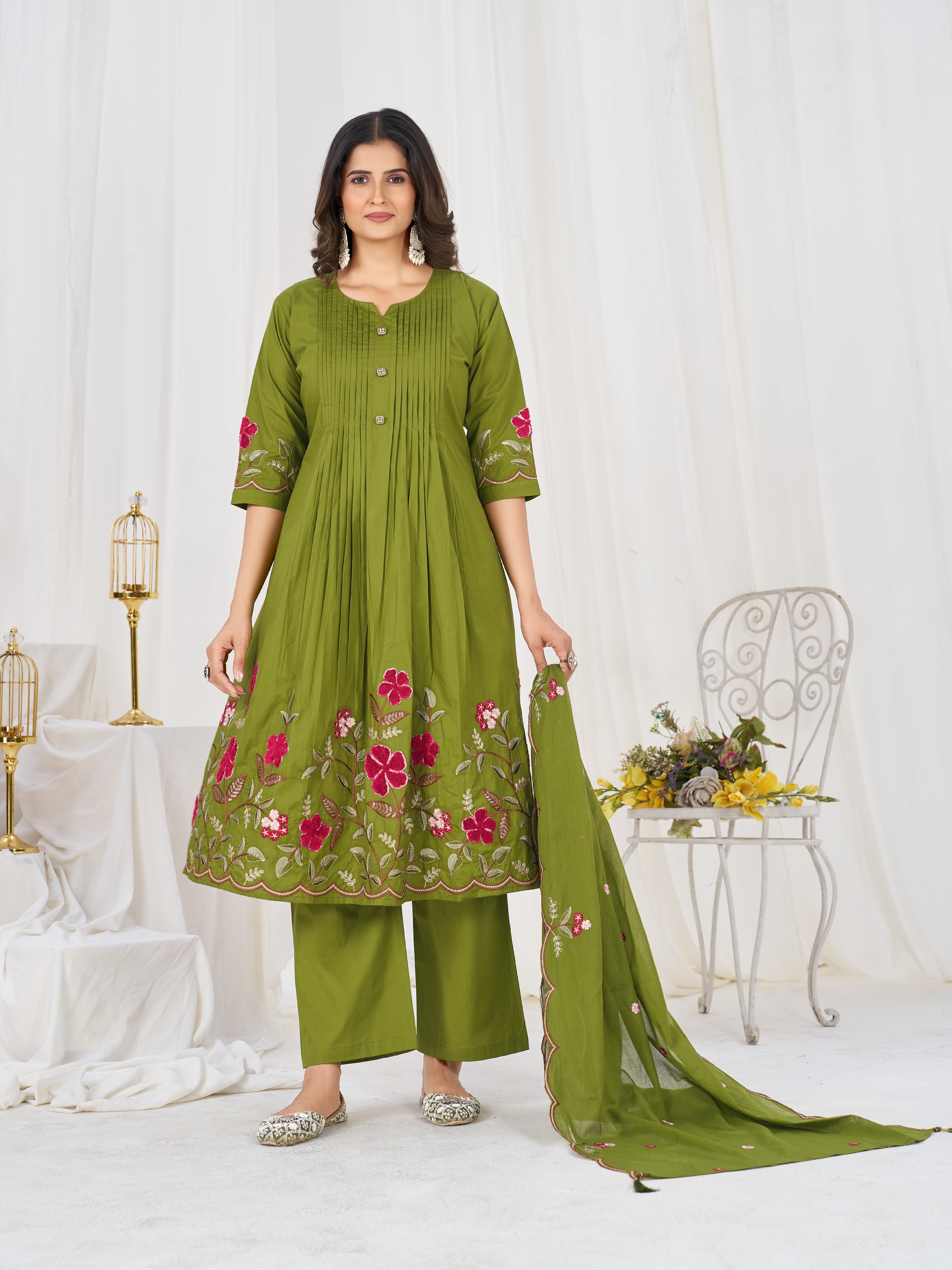 Olive Green Pure Cotton Embroidered Anarkali Kurti Set with Dupatta & Culottes Pant