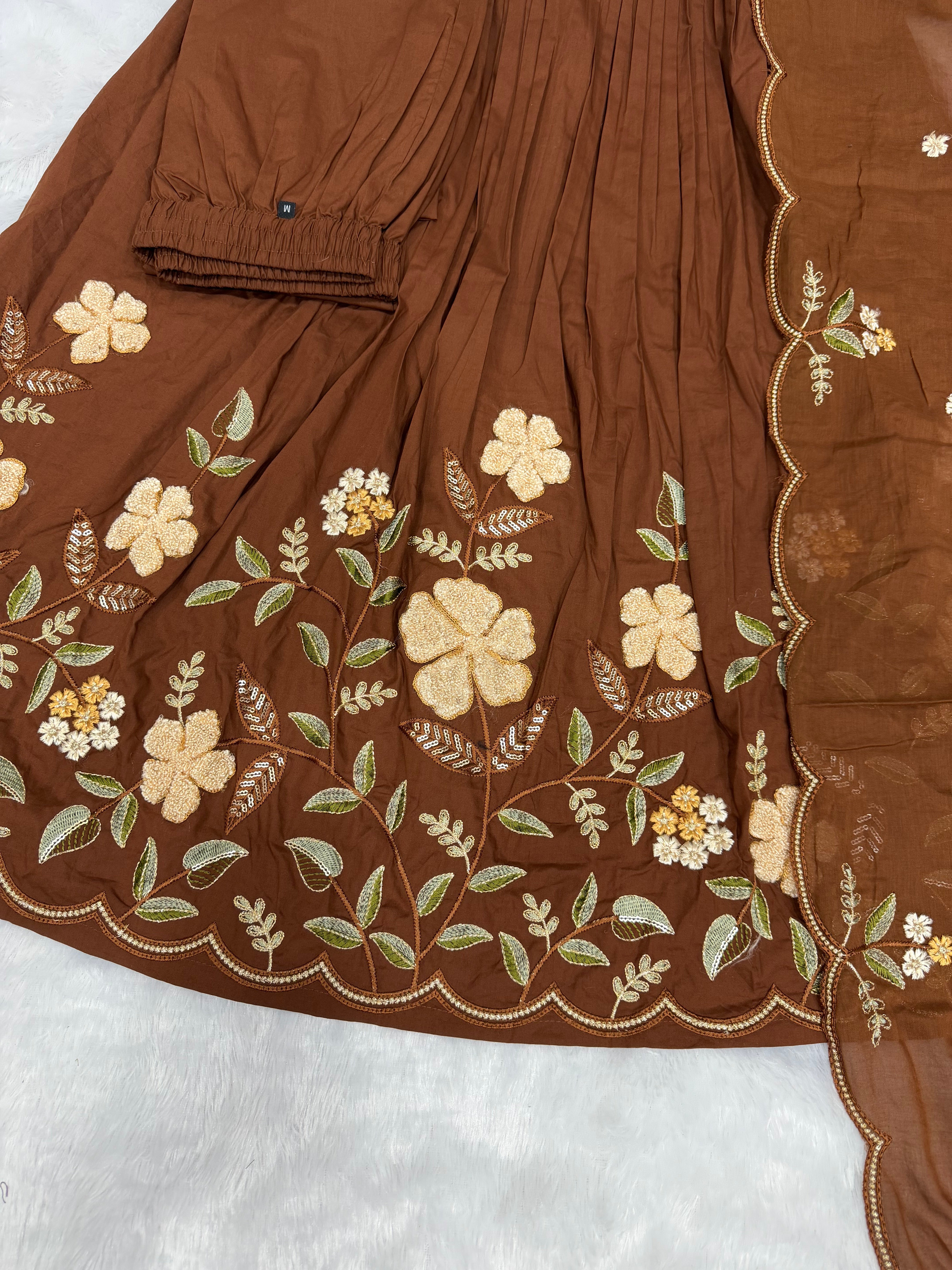 Brown Pure Cotton Embroidered Anarkali Kurti Set with Dupatta & Culottes
