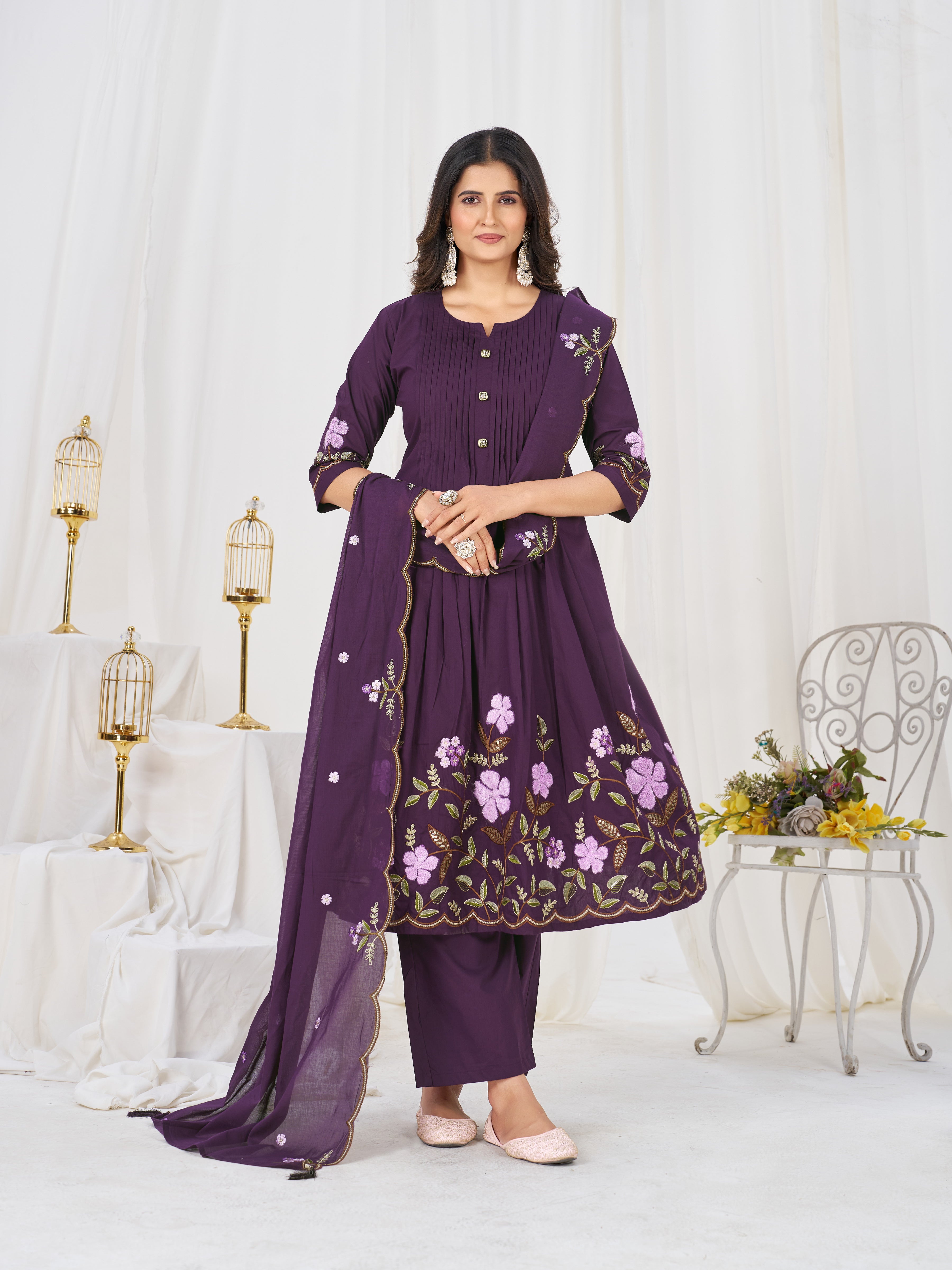 Purple Embroidered Pure Cotton Anarkali Kurti Pant & Dupatta Set