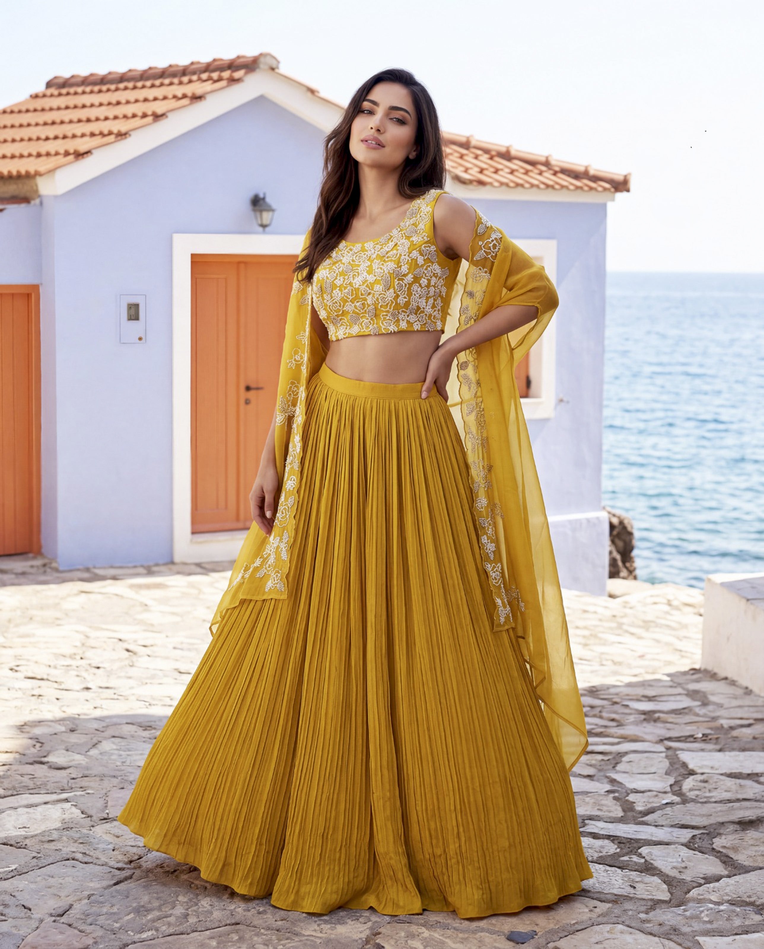 Buy Yellow Premium Designer Lehenga Online USA | Sayuri Pari 60001 Chinon Silk for Women