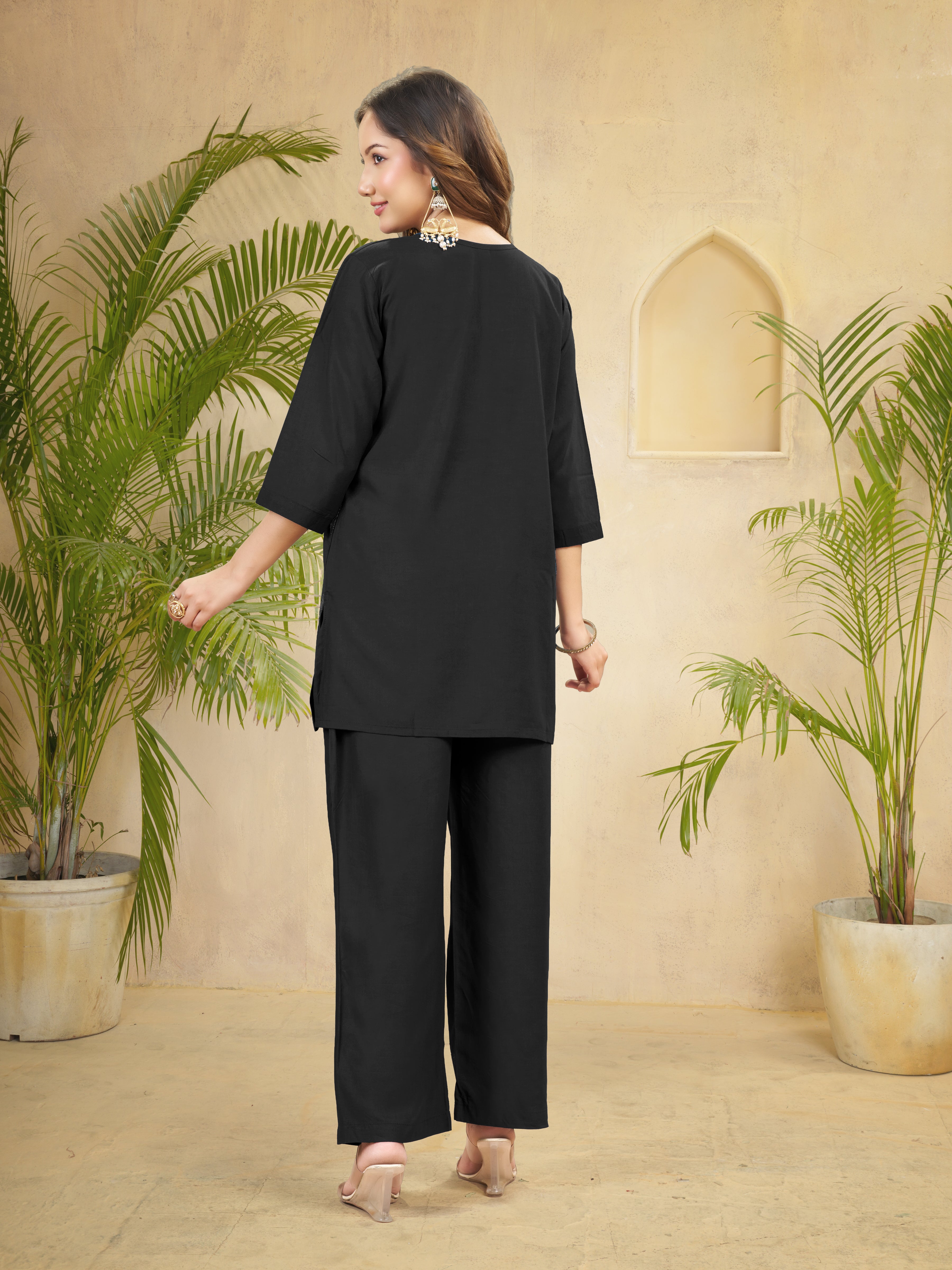 Black Heavy Rayon Floral Embroidered Co-Ord Set