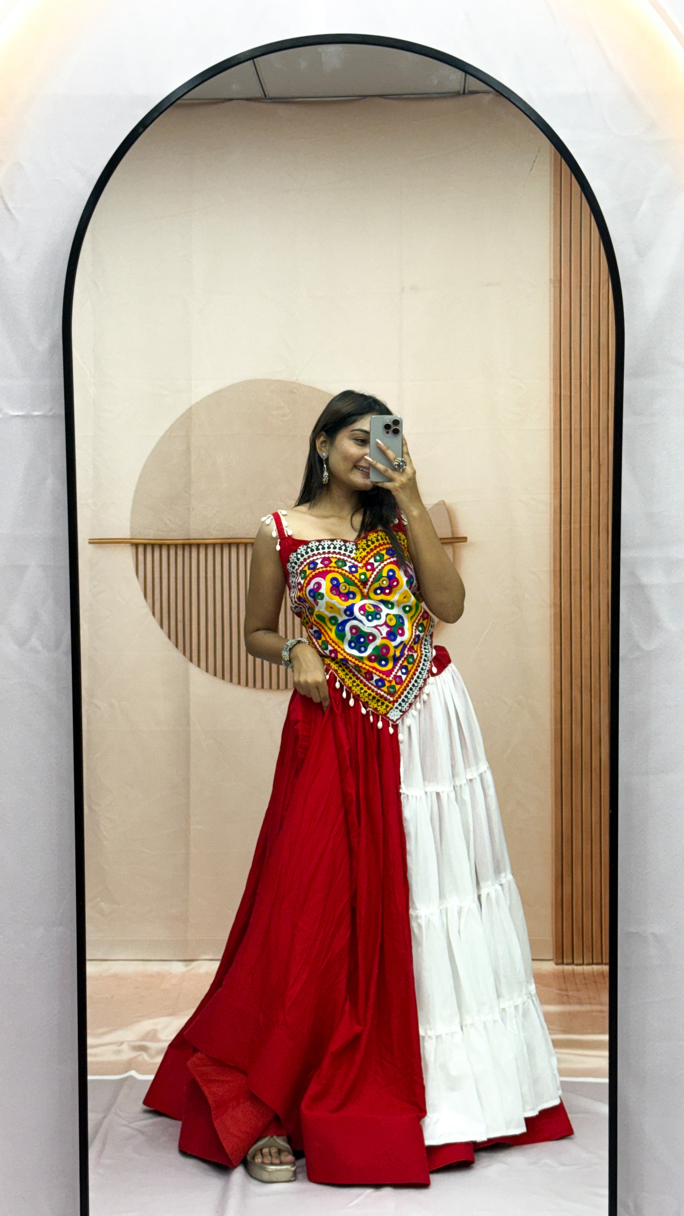 Red & White Gamthi Mirror Work Cotton Lehenga Choli Set for Navratri