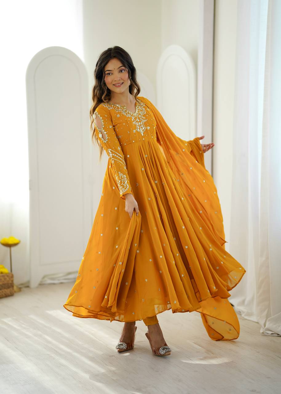 Mustard Yellow Faux Georgette Embroidered Gown with Pant & Dupatta Set