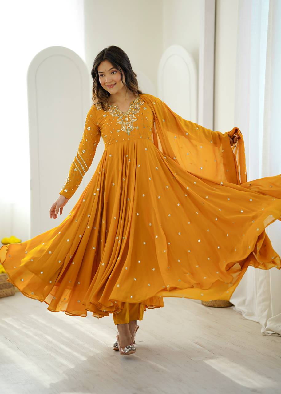 Mustard Yellow Faux Georgette Embroidered Gown with Pant & Dupatta Set