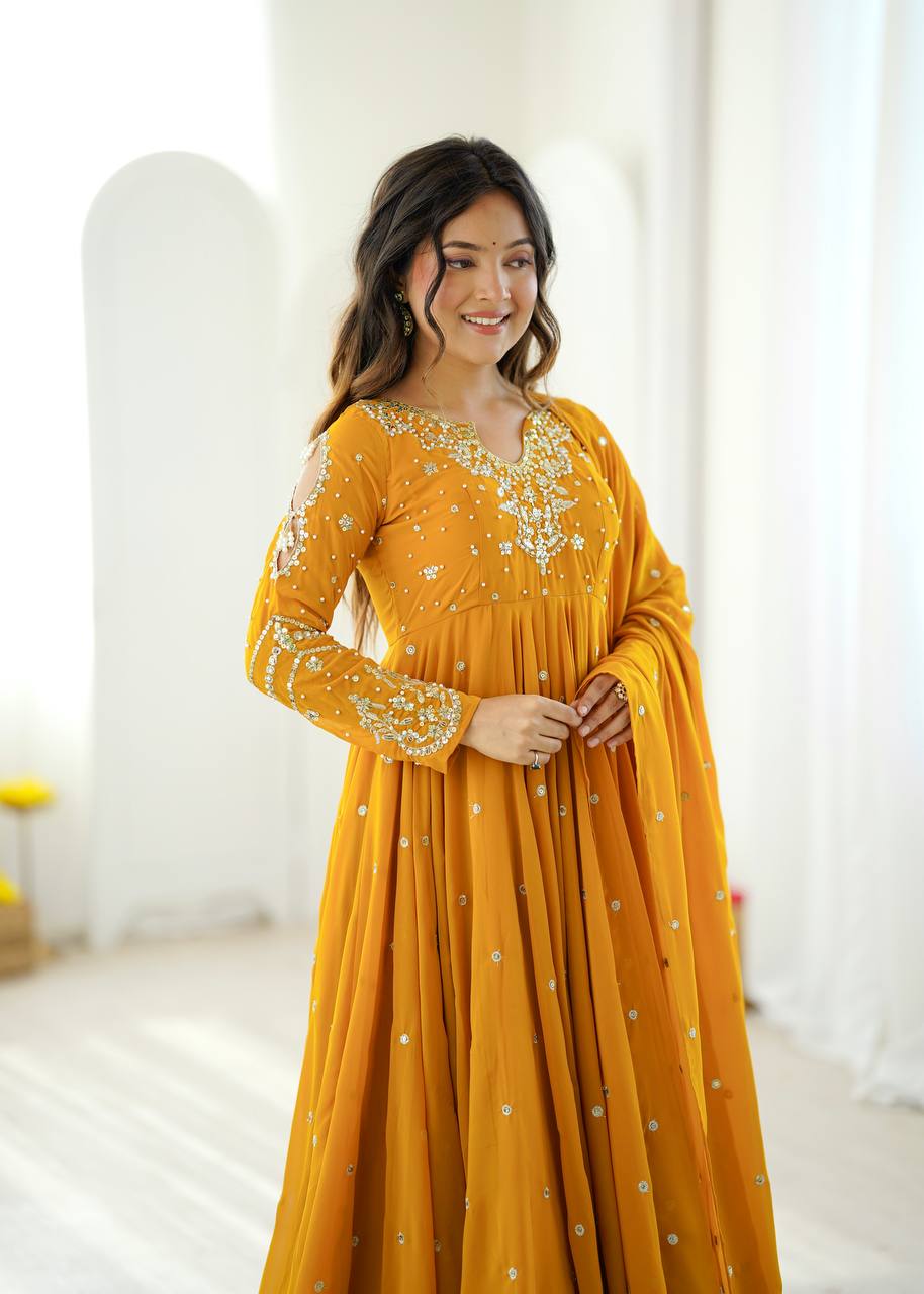 Mustard Yellow Faux Georgette Embroidered Gown with Pant & Dupatta Set